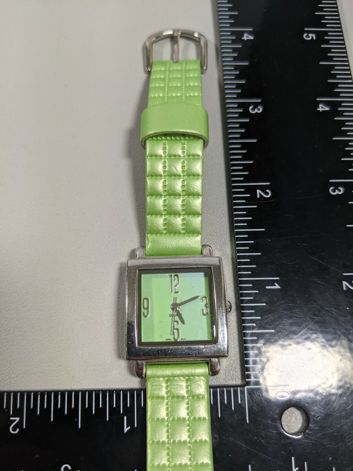 Green Dial Silver Tone Square Case 24 mm Green Faux Leather Band Watch 8 Inch