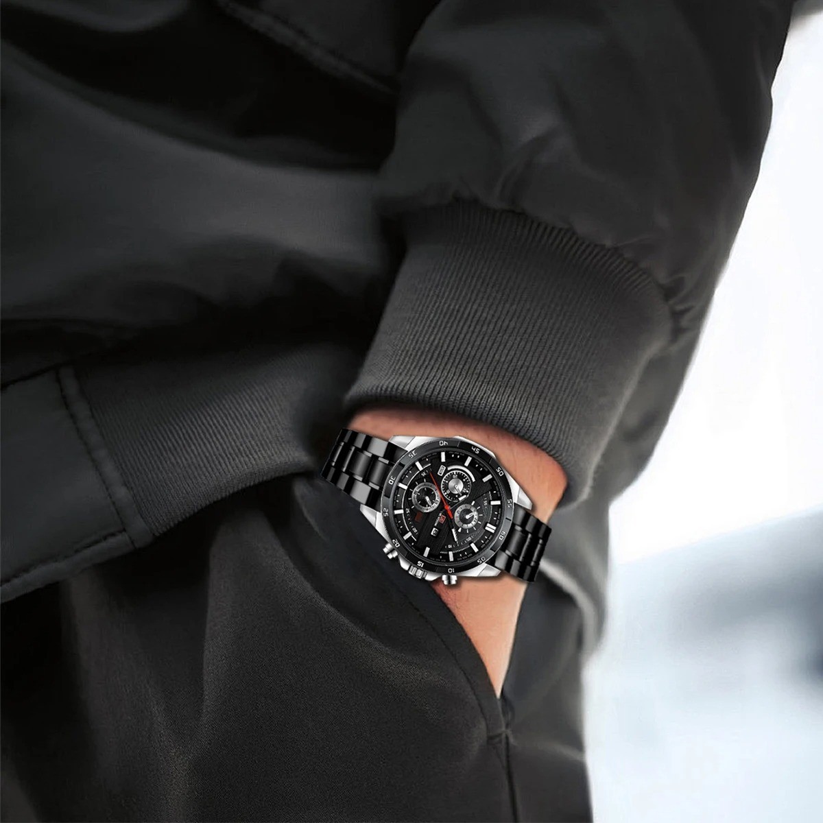 Men’s Watch Luxury Brand Waterproof Analog Quartz Calender Black Leather Band