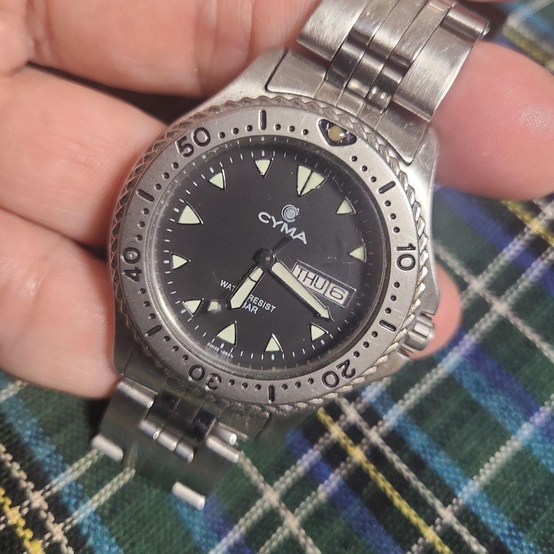 CYMA Swiss Diver Watch Quartz 200M Black Dial ETA Screw Crown 175mm Used
