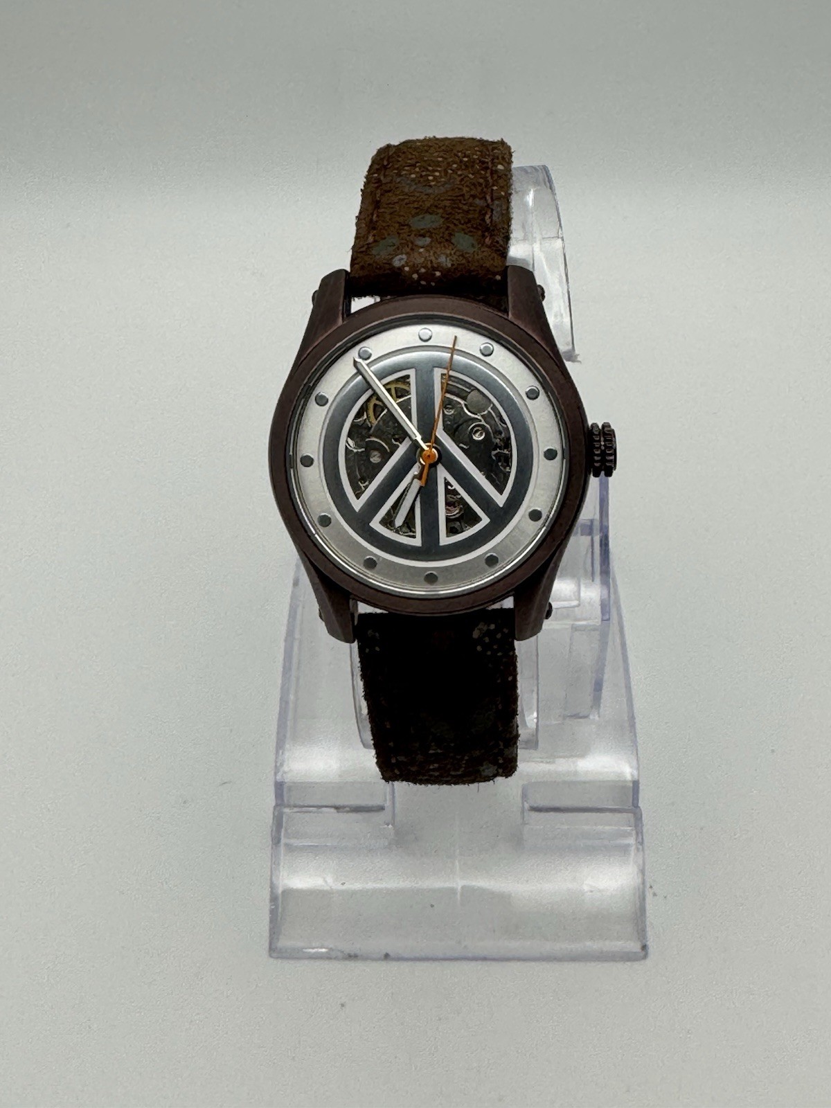 Lucky Brand Peace Skeleton Automatic Bronze Leather Ladies Wrist Watch
