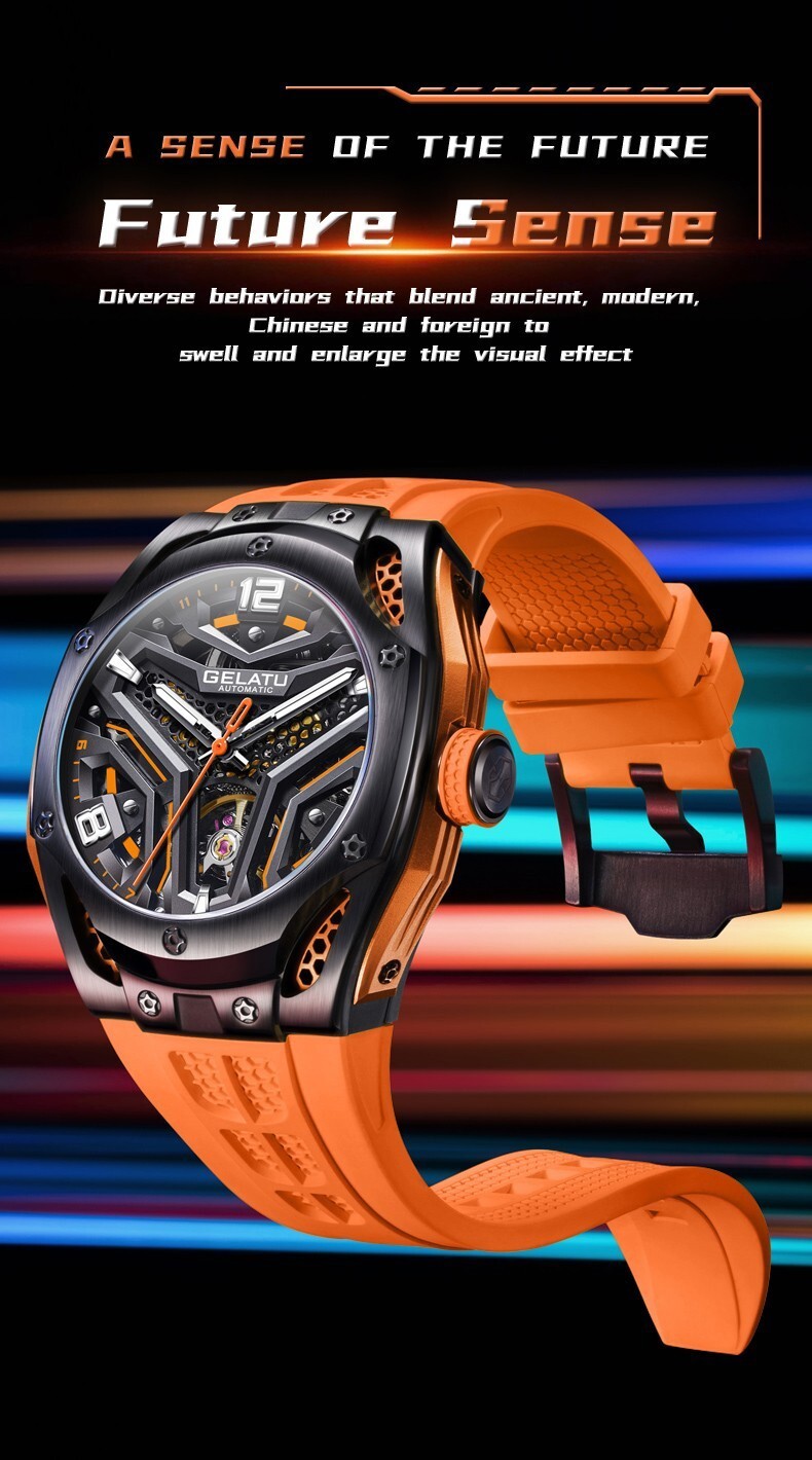 GELATU Men’s Skeleton Sport Automatic Mechanical Watch 5ATM Luminous Wristwatch