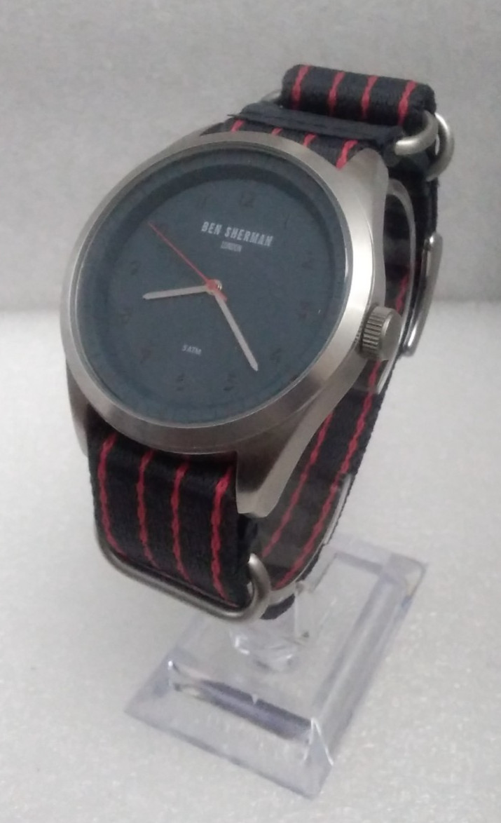 RARE Ben Sherman Men Watch WB010U Pinstripe Canvas & Leather Military Cuff Strap
