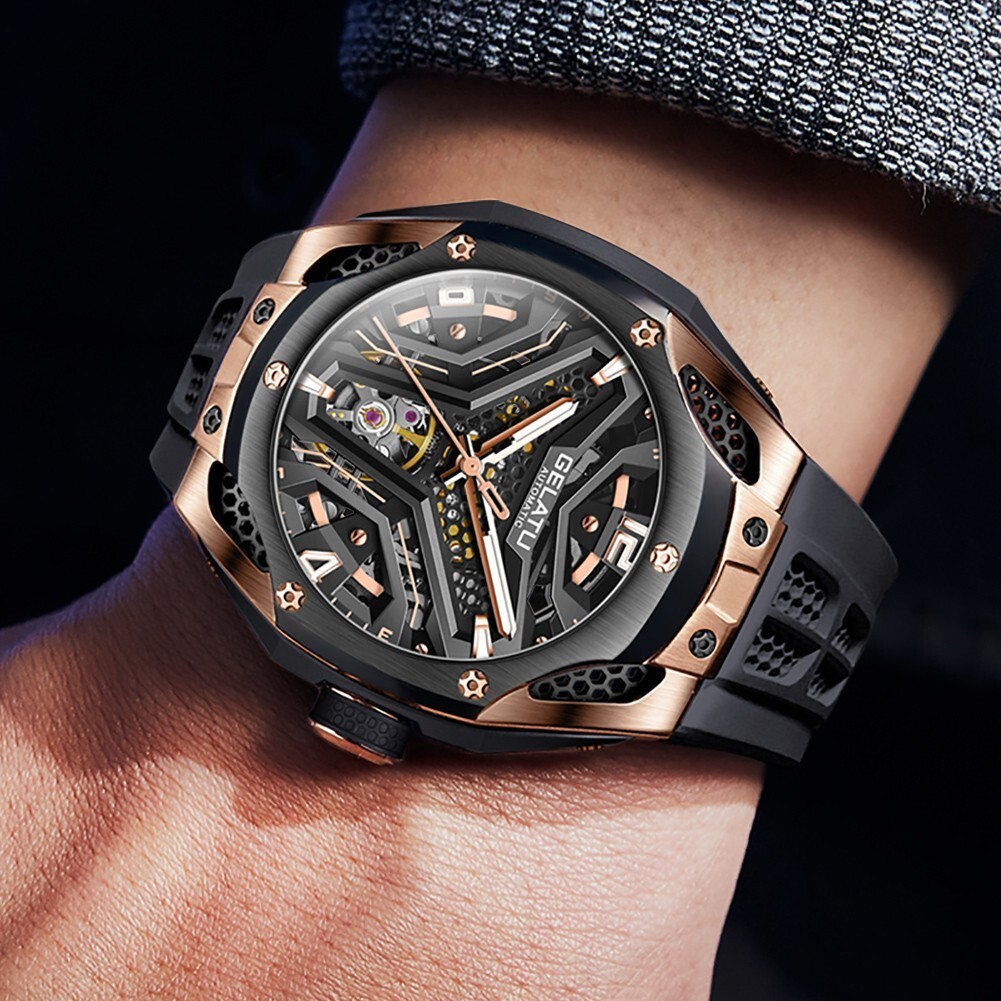 GELATU Men’s Skeleton Sport Automatic Mechanical Watch 5ATM Luminous Wristwatch