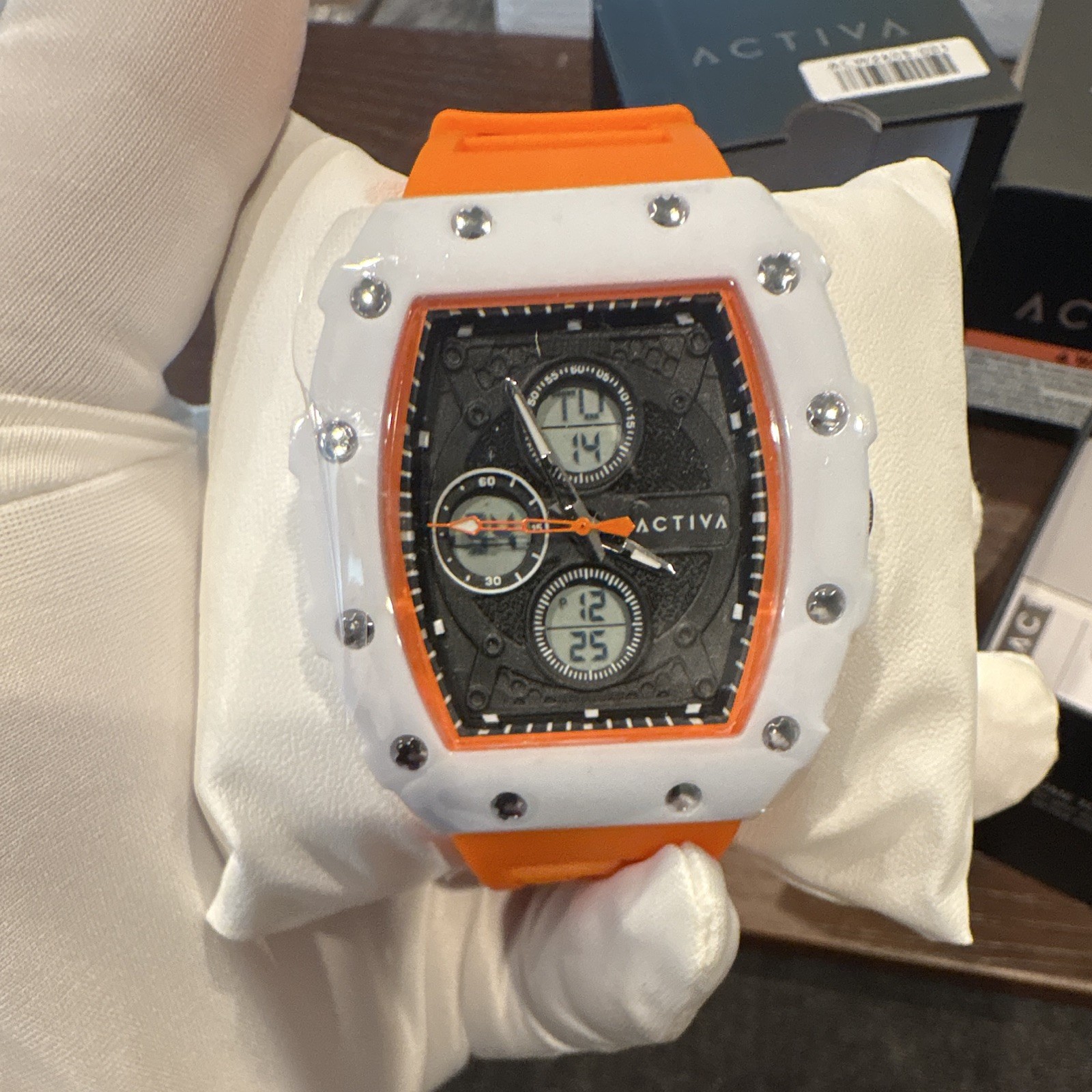 Activa Analog-Digital Quartz Chronograph Sport Watch Orange Rubber Strap w/ Box