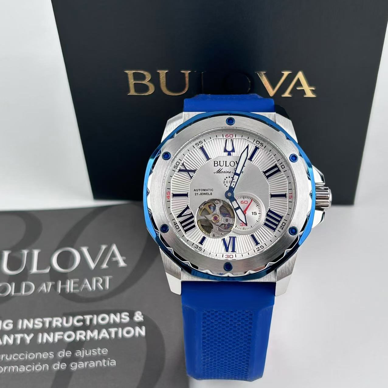 Bulova Marine Star 98A225 White Dial+Blue Rubber Strap Men’s Automatic Watch New