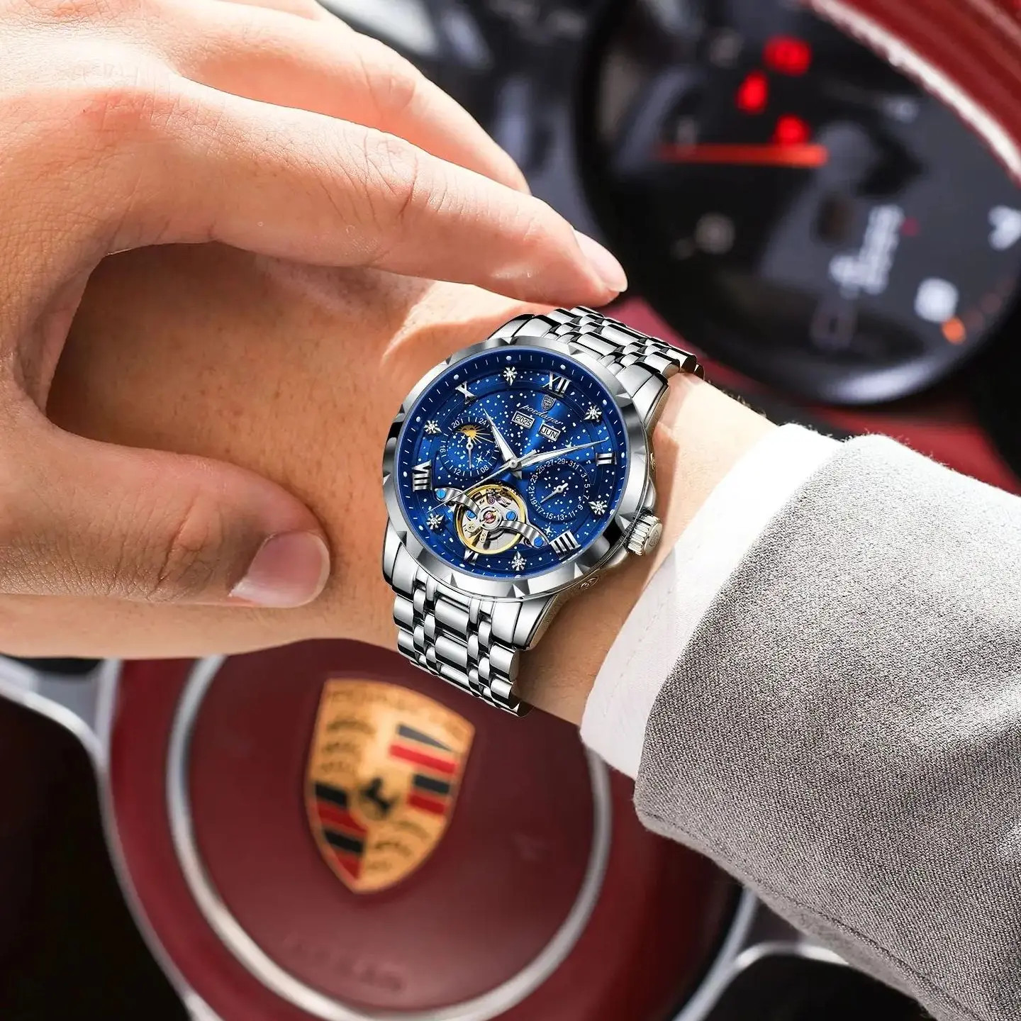 Luxury Men’s Steel Automatic Mechanical Watch, Tourbillon and Case