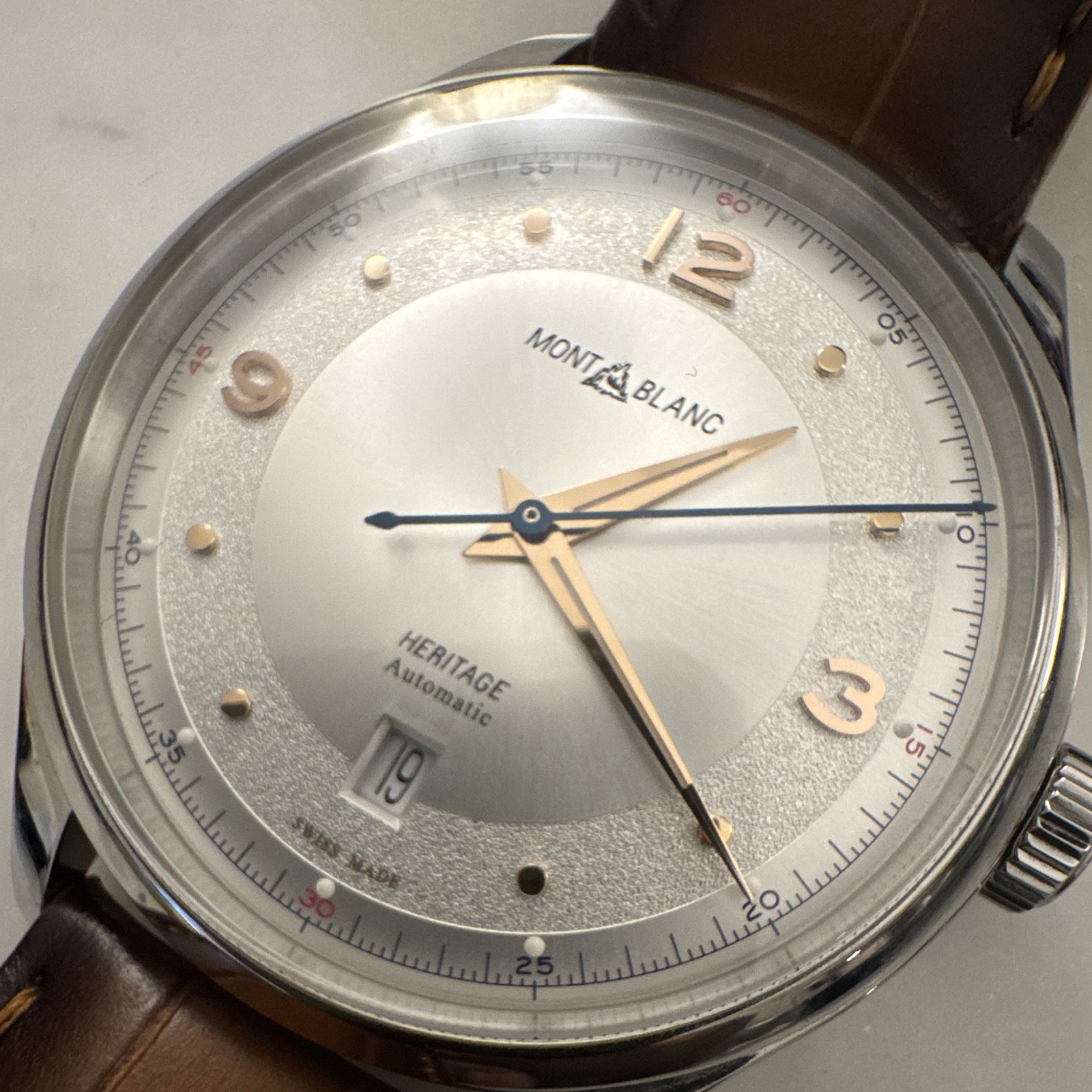 Montblanc Heritage Automatic Silver Dial 40mm Steel Brown Leather Date Watch