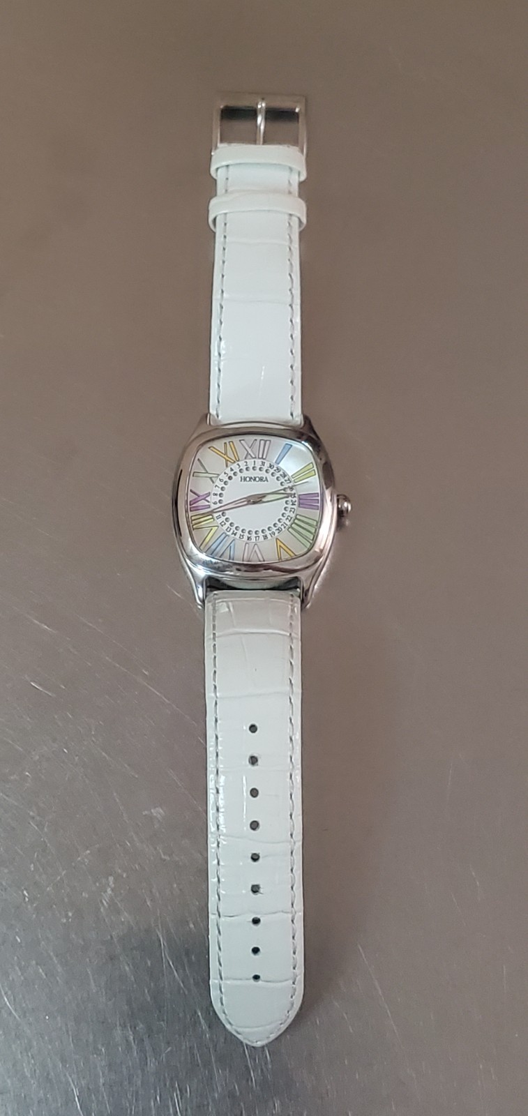 HONORA Women’s Watch Analog Quartz Date Multicolor Indices White Leather 36 mm
