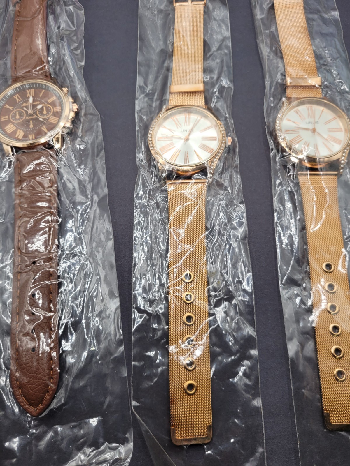 Women’s Gold Tone Mesh & Brown Faux Leather Strap Watch Set Of 3
