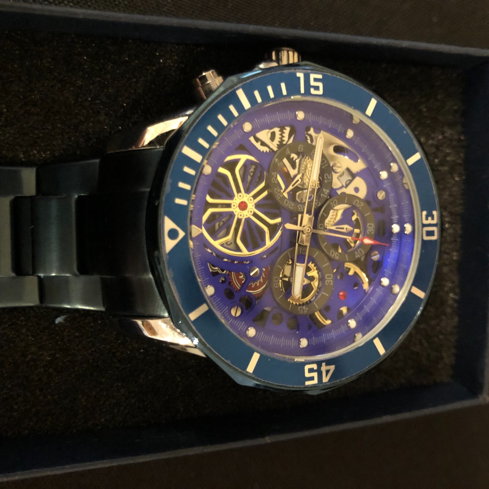 LIGE 1853 Dream Men’s Gold Tone Chronograph, SS Blue Bracelet New Battery in Box