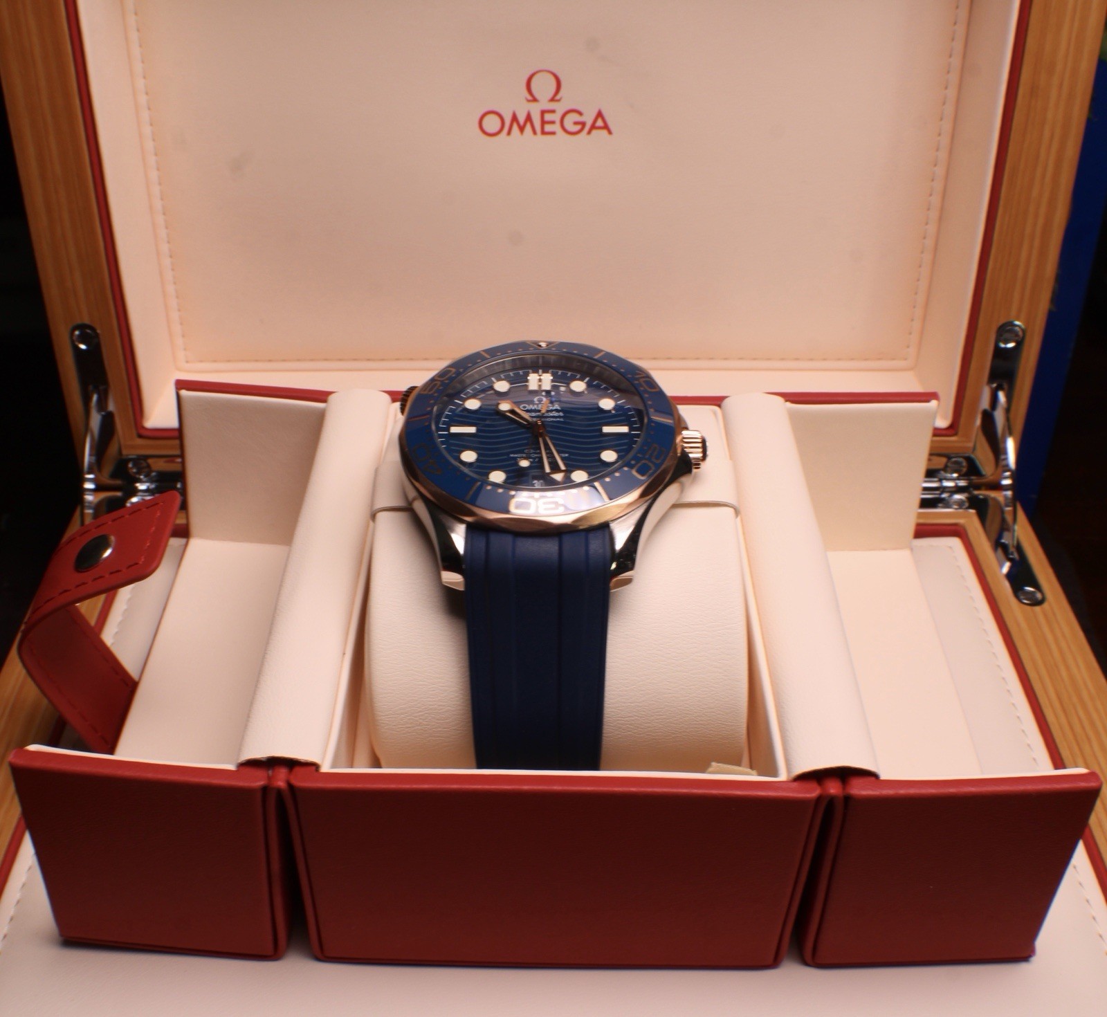 Omega Seamaster 300M Blue Wave Dial Sedna Gold Ceramic Bezel 210.22.42.20.03.002