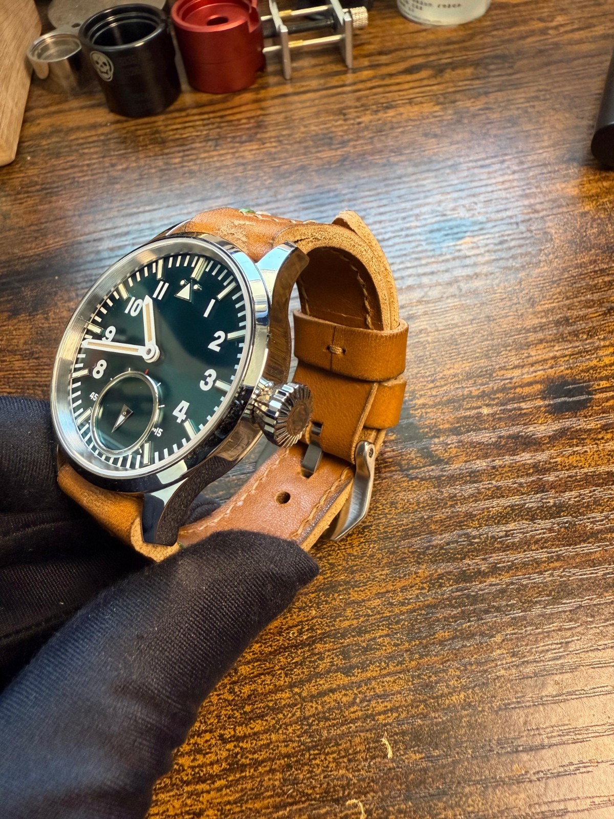 Qaiser Pathfinder green Watch Swiss made ETA 6498 movement handmade Strap