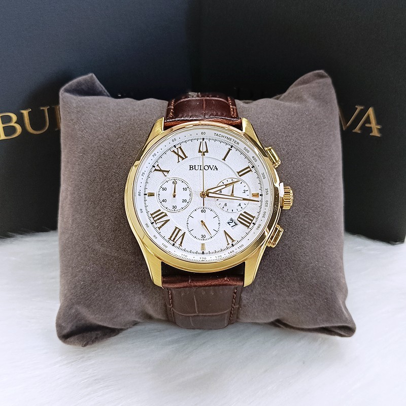 Men’s Bulova Wilton White Dial Brown Leather Classic 97B169 Quartz Watch 46.5mm