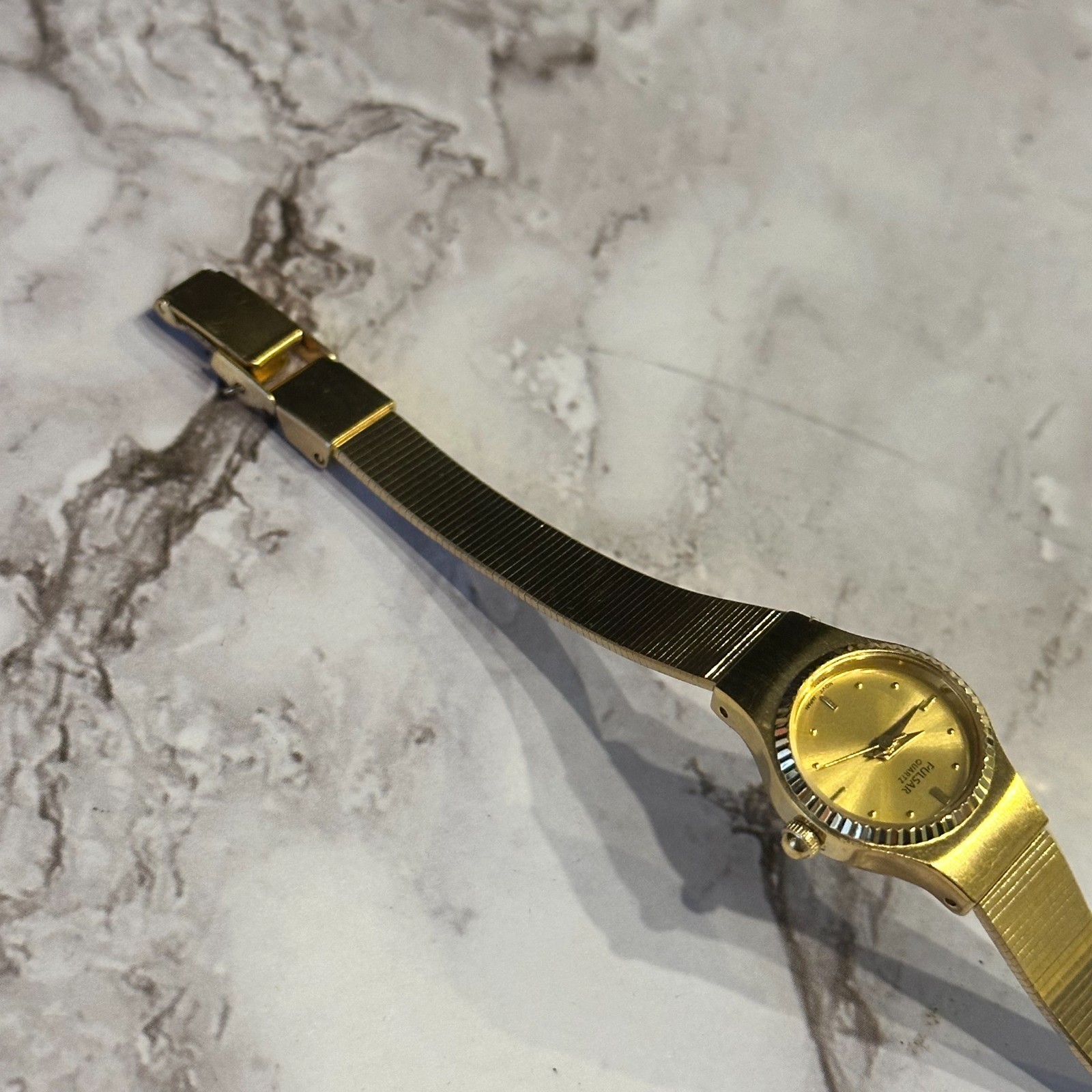 Vintage Pulsar Womens Watch Gold Tone Small Dial 15MM New Battery 5.75 Inch