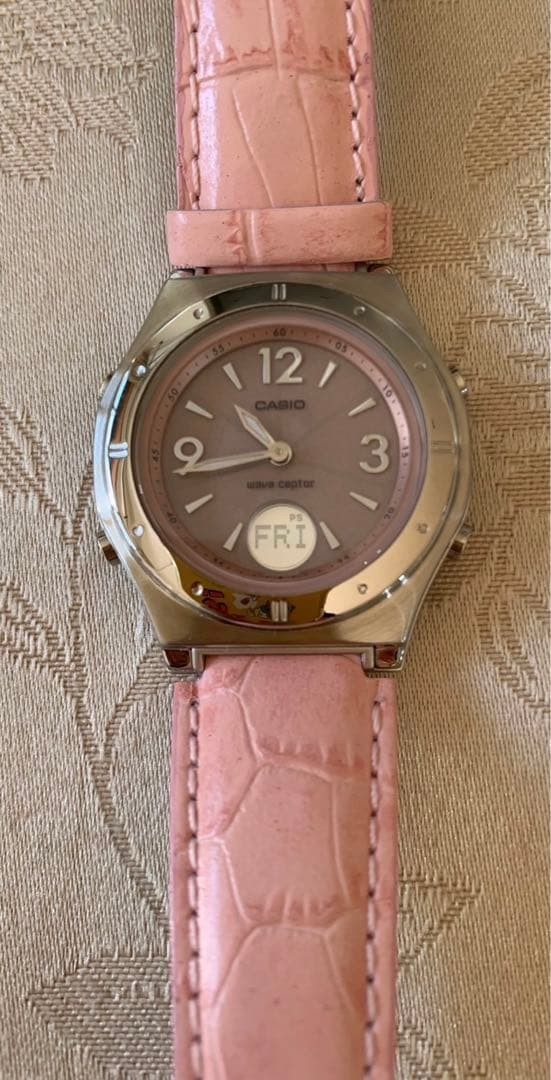 CASIO Wave Ceptor Solar Radio Watch Pink Leather Band Day Display – 8.5in