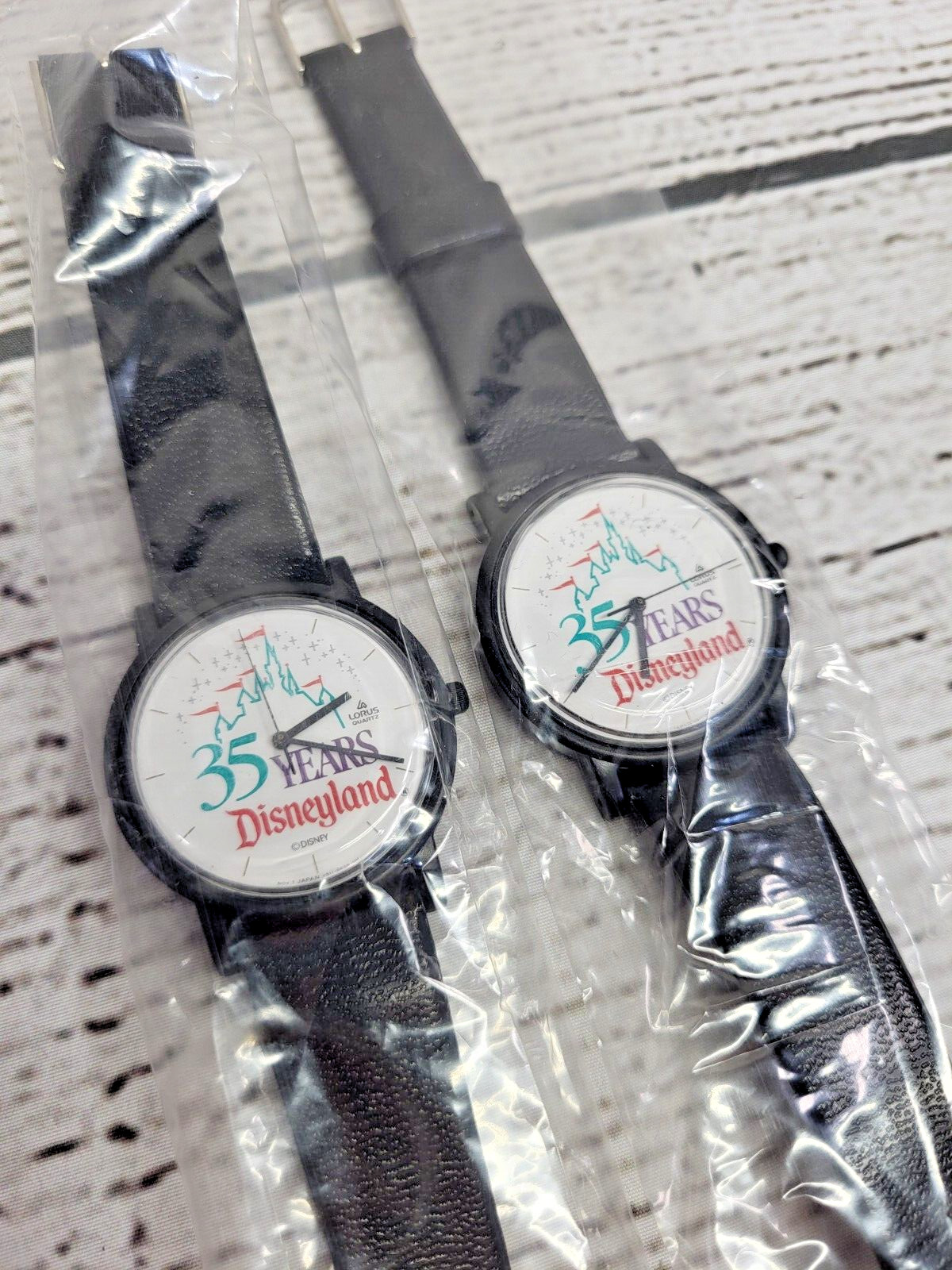 (2) Vintage Disneyland 35 Years Analog Wristwatch Leather Band Japan NEW NOS