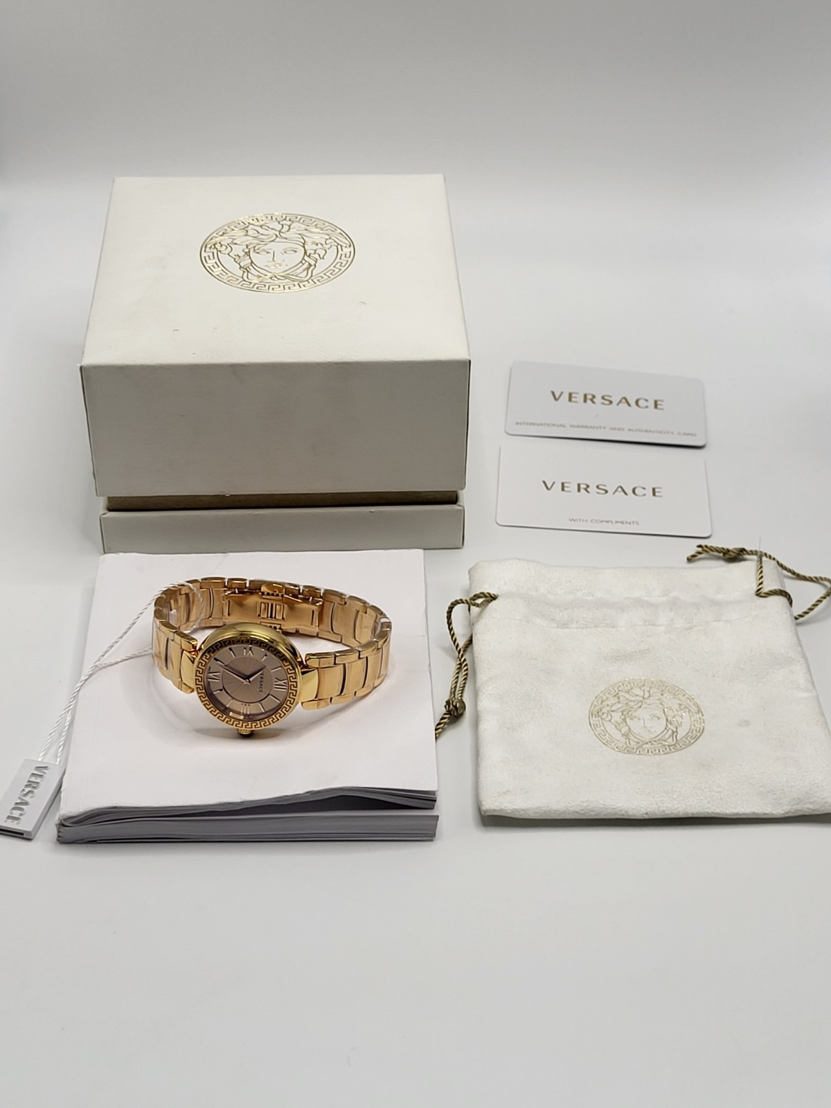 SWISS [NEW] 38mm Versace Leda Women’s Gold Guiloche Dial Roman Watch Box & Paper