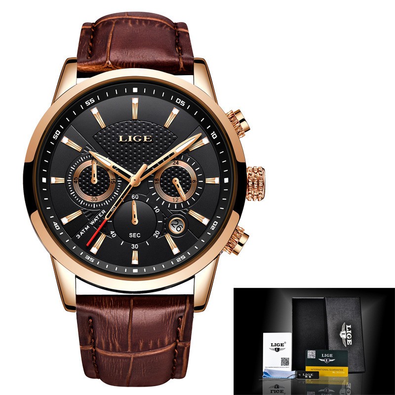 LIGE Men’s Luxury Chronograph Leather Strap Quartz Watch Waterproof Analog Date