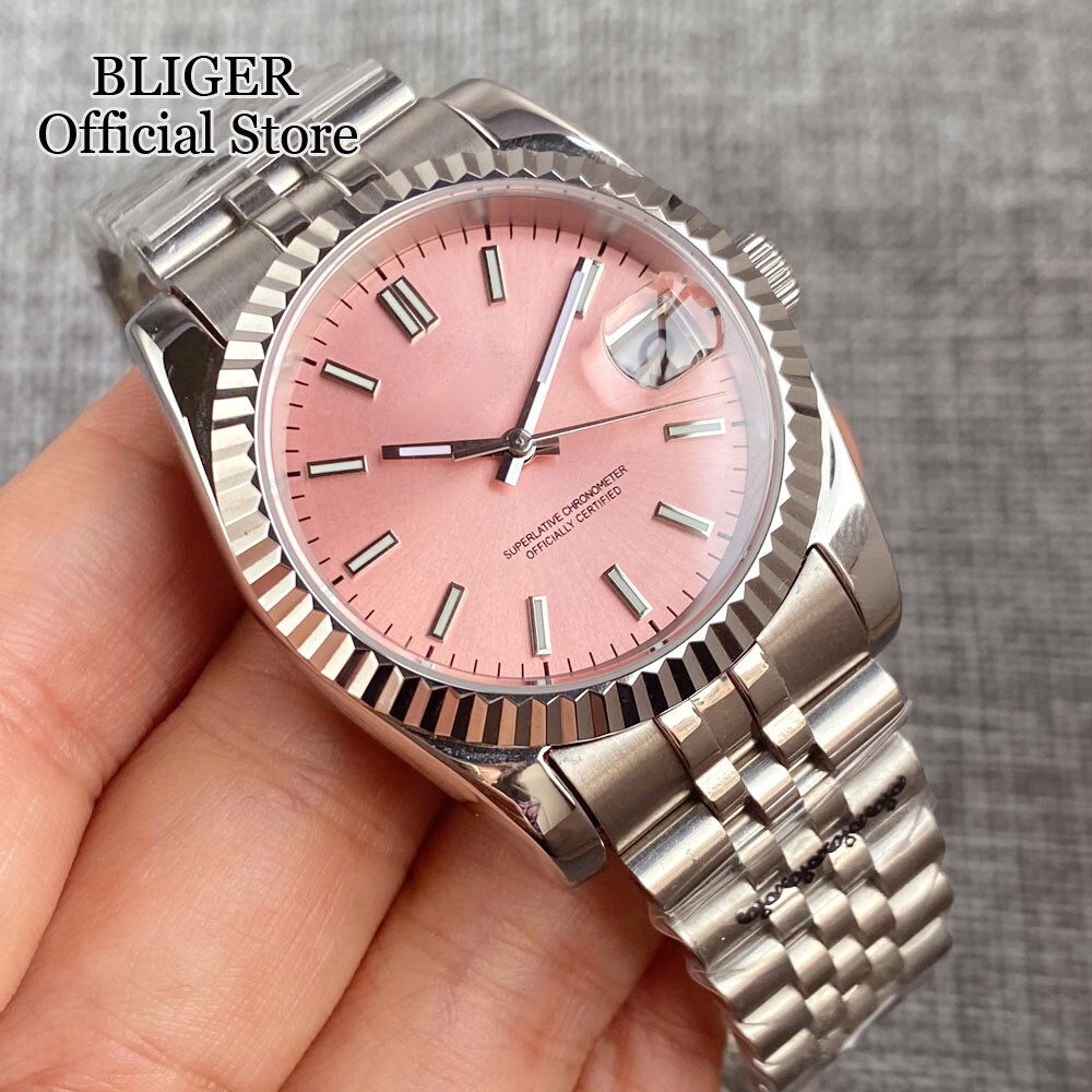 36MM NH35A Sunburst Pink Dial Automatic Watch Men Jubilee Bracelet Screw Crown
