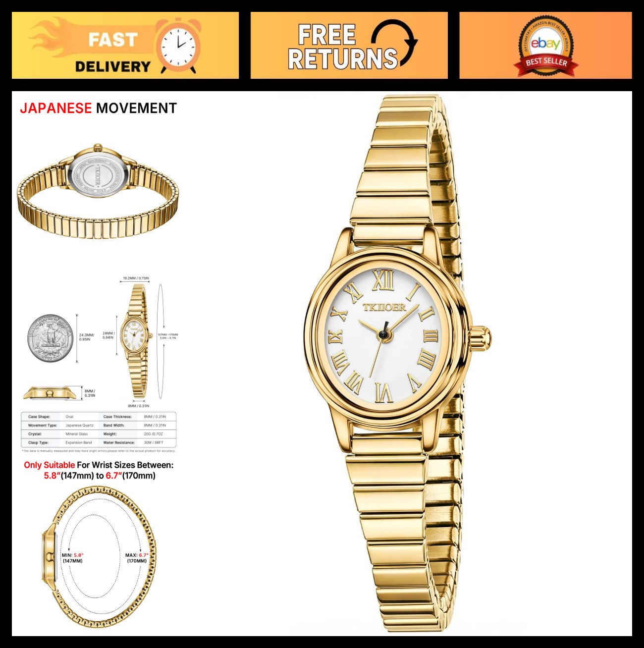 Stylish Women’s Gold Analog Watch, Easy Read Dial, Oval Case, Waterproof, Stainl