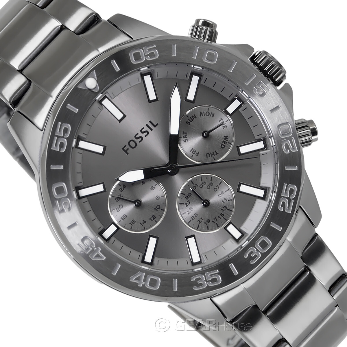FOSSIL Bannon Mens Multifunction Watch, Gray Dial Day Date, Stainless Steel Band