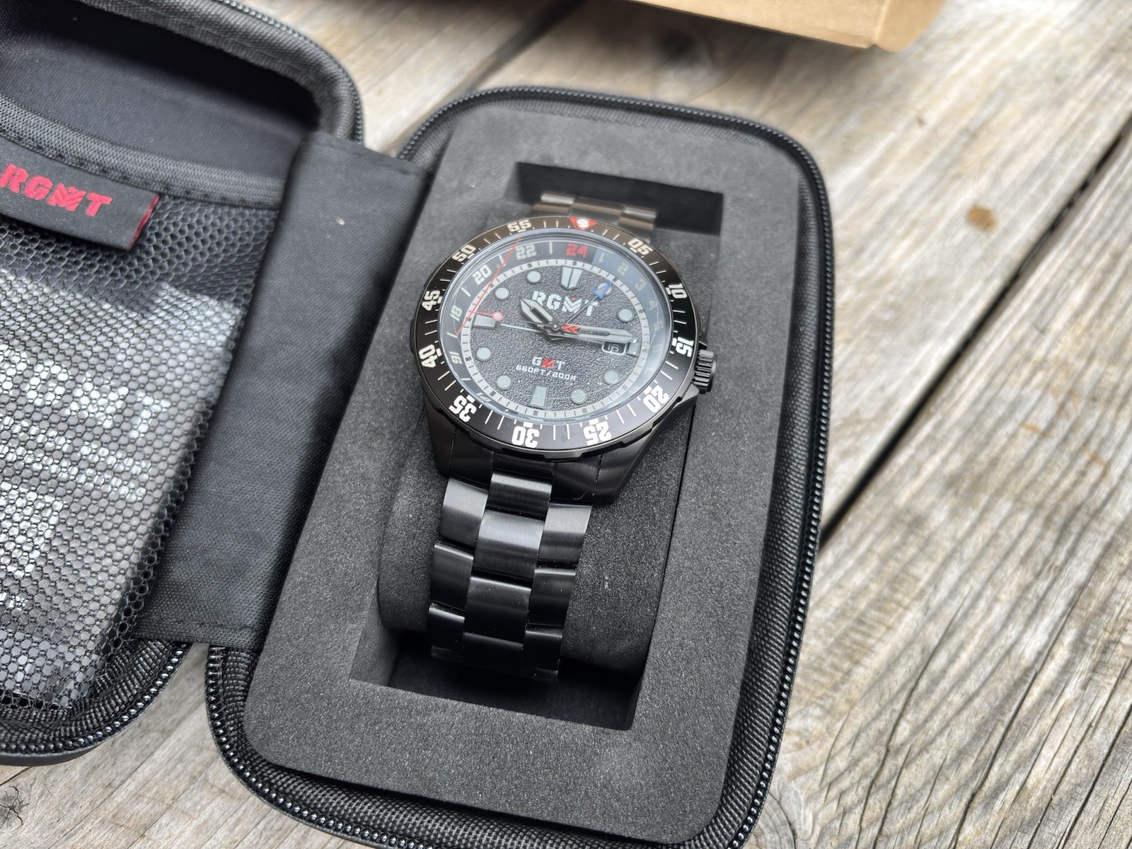 RGMT Continental GMT – Stealth Black. Swiss GMT Movement. free display stand