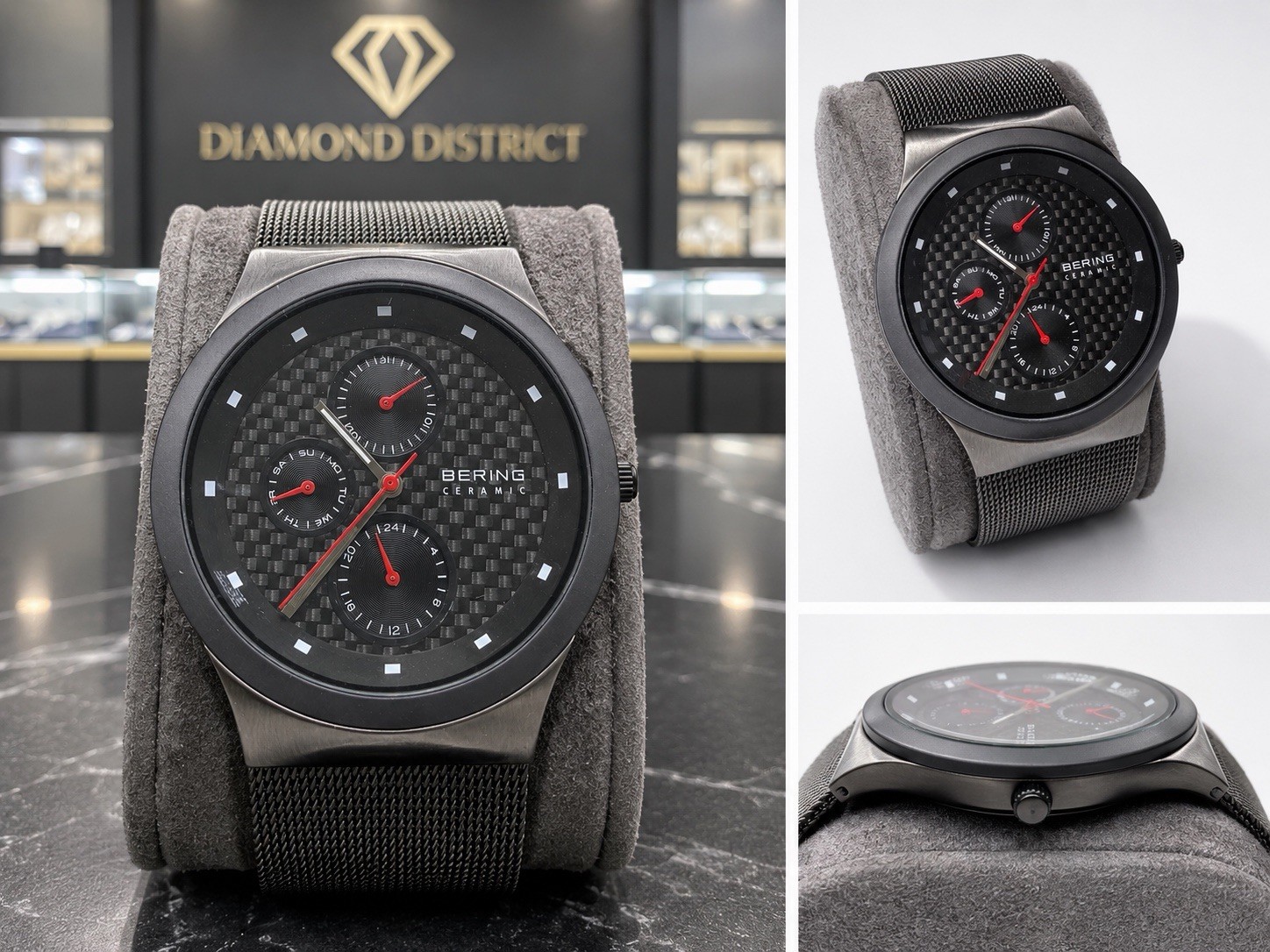 Luxury BERING Ceramic Men’s Wristwatch – Sleek Black Mesh Band