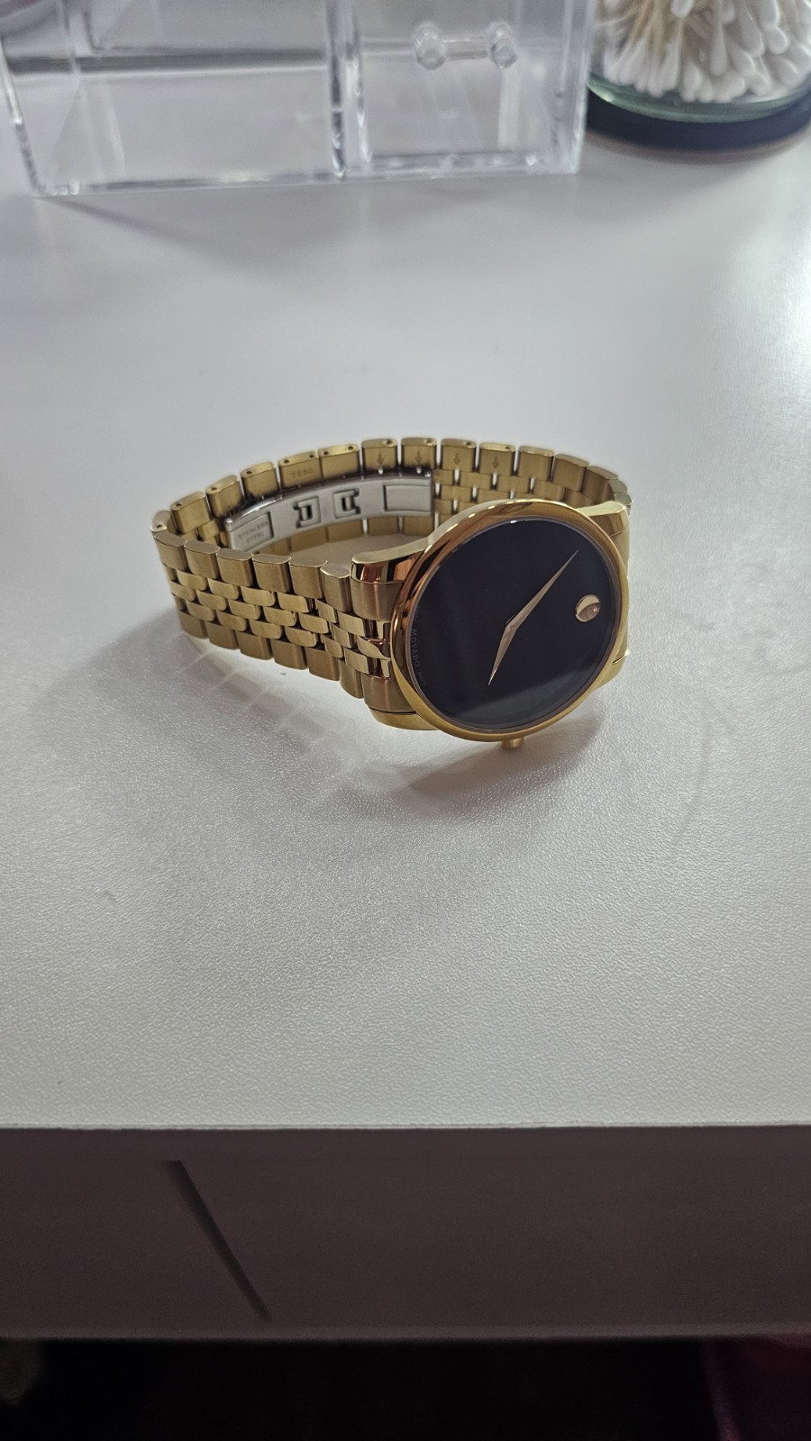 Movado Museum Men’s Quartz Watch Black Dial 40mm Gold Steel Bracelet 3 ATM Box