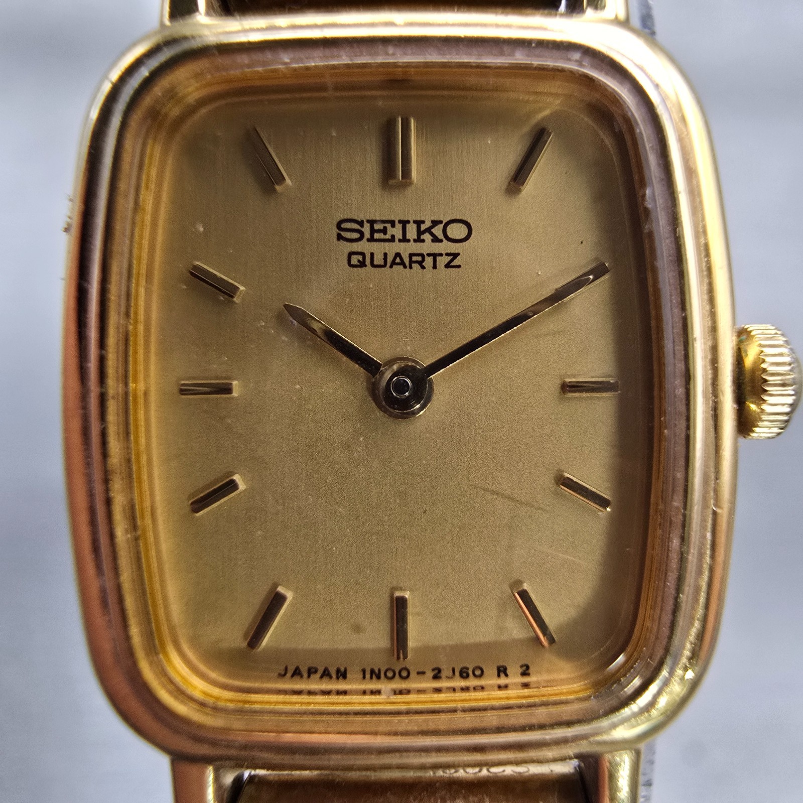 Seiko Watch Women 17mm Gold Dial Gold Tone Rectangle 1N00-5K29 New Battery VTG G