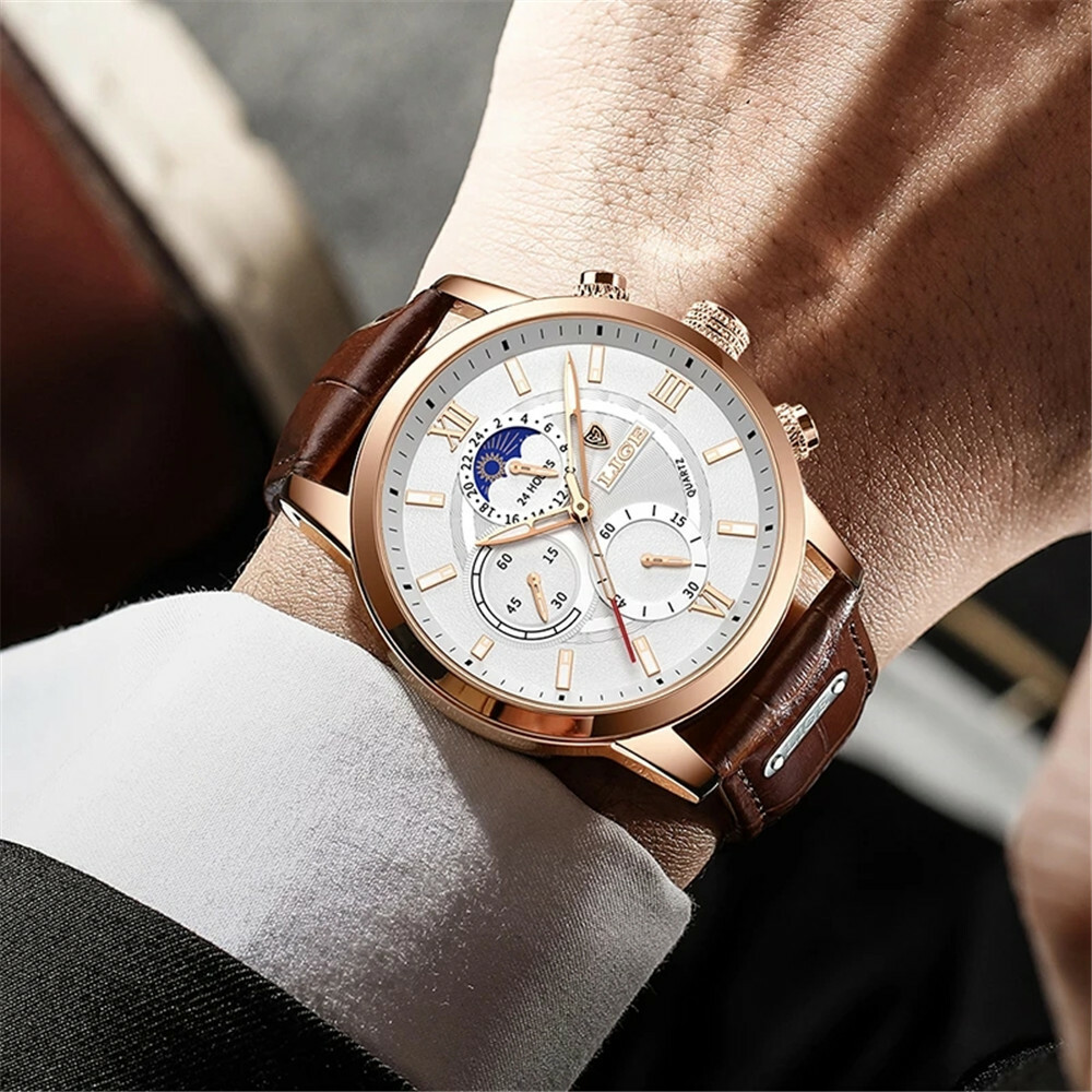 LIGE Men Watch Casual Brown Leather Wristwatch Business Male Calendar Watches