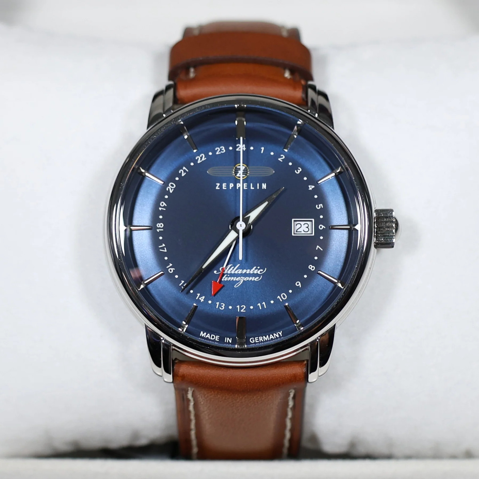 Zeppelin Men’s Blue Dial GMT Atlantic Brown Leather Strap Watch 8442-3