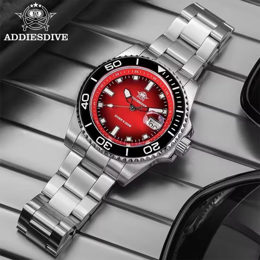 Addiesdive AD2089 Diver Quartz Watch 41mm 200m Red Sunburst New With Box USA