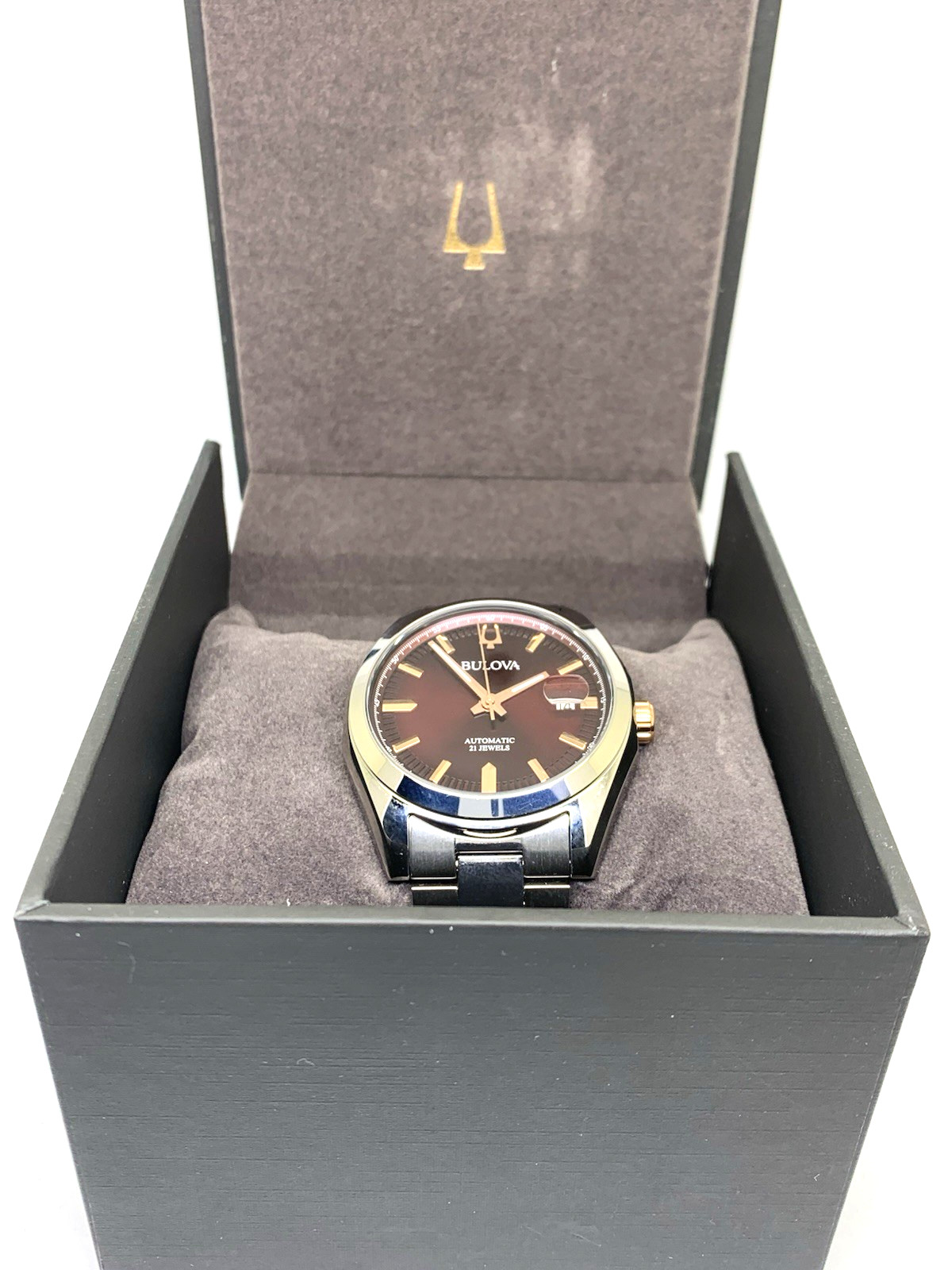 Bulova Men’s Watch 98B422 Automatic Burgundy Dial Silver Stainless Steel 39mm