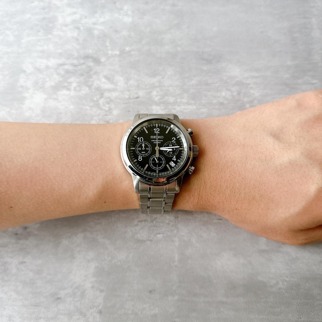 Seiko Chronograph Quartz Black Dial Sport Watch 39mm Wrist 17cm Used
