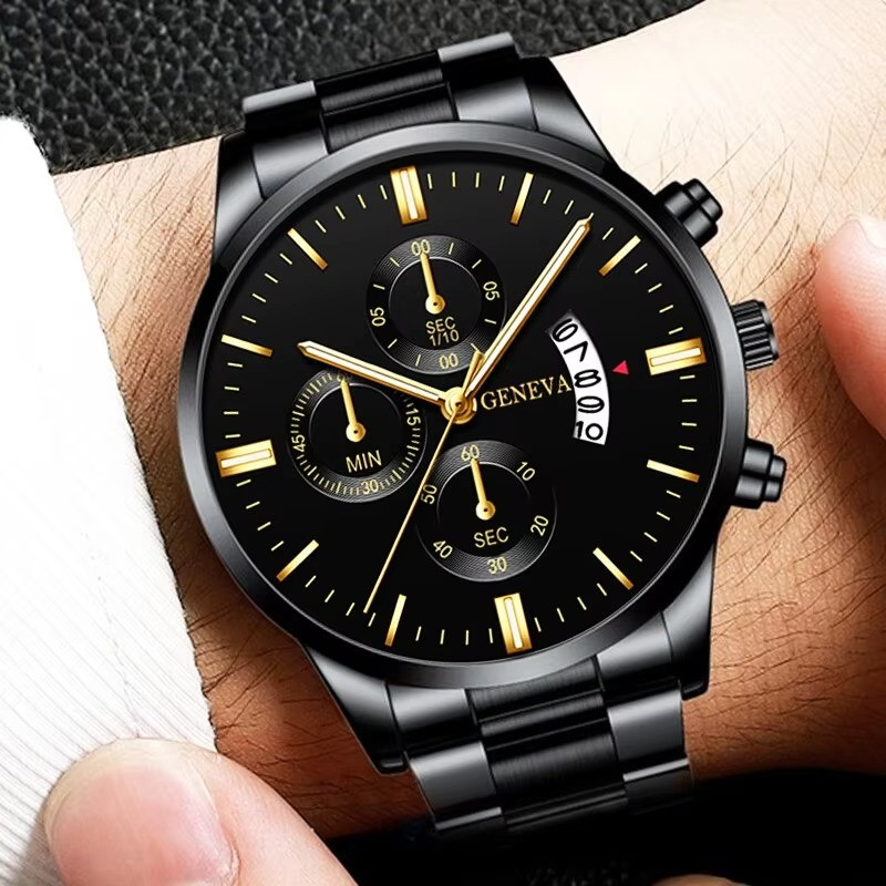 Fashion Men Stainless Steel Watch Luxury Calendar Quartz Wrist Watch 1pcs black