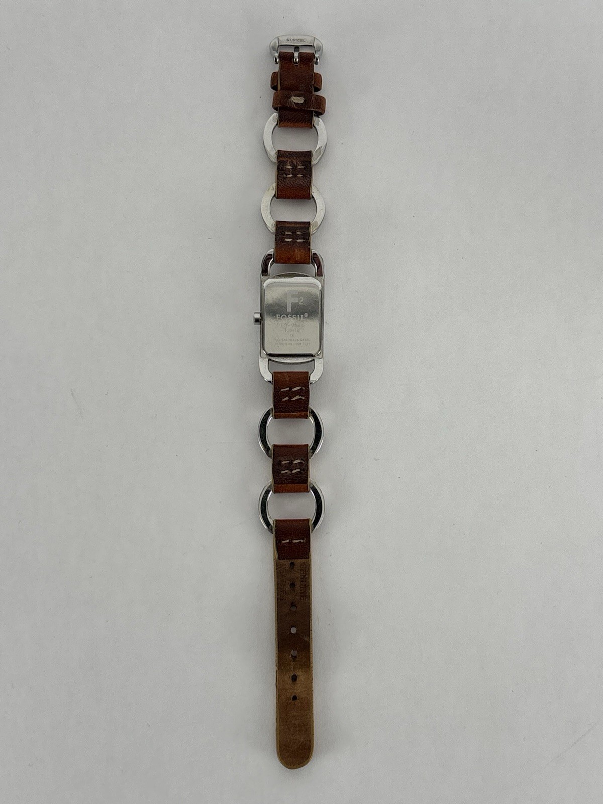 Fossil F2 ES-9634 18mm Silver Tone Quartz Watch w/Leather Band & New Battery