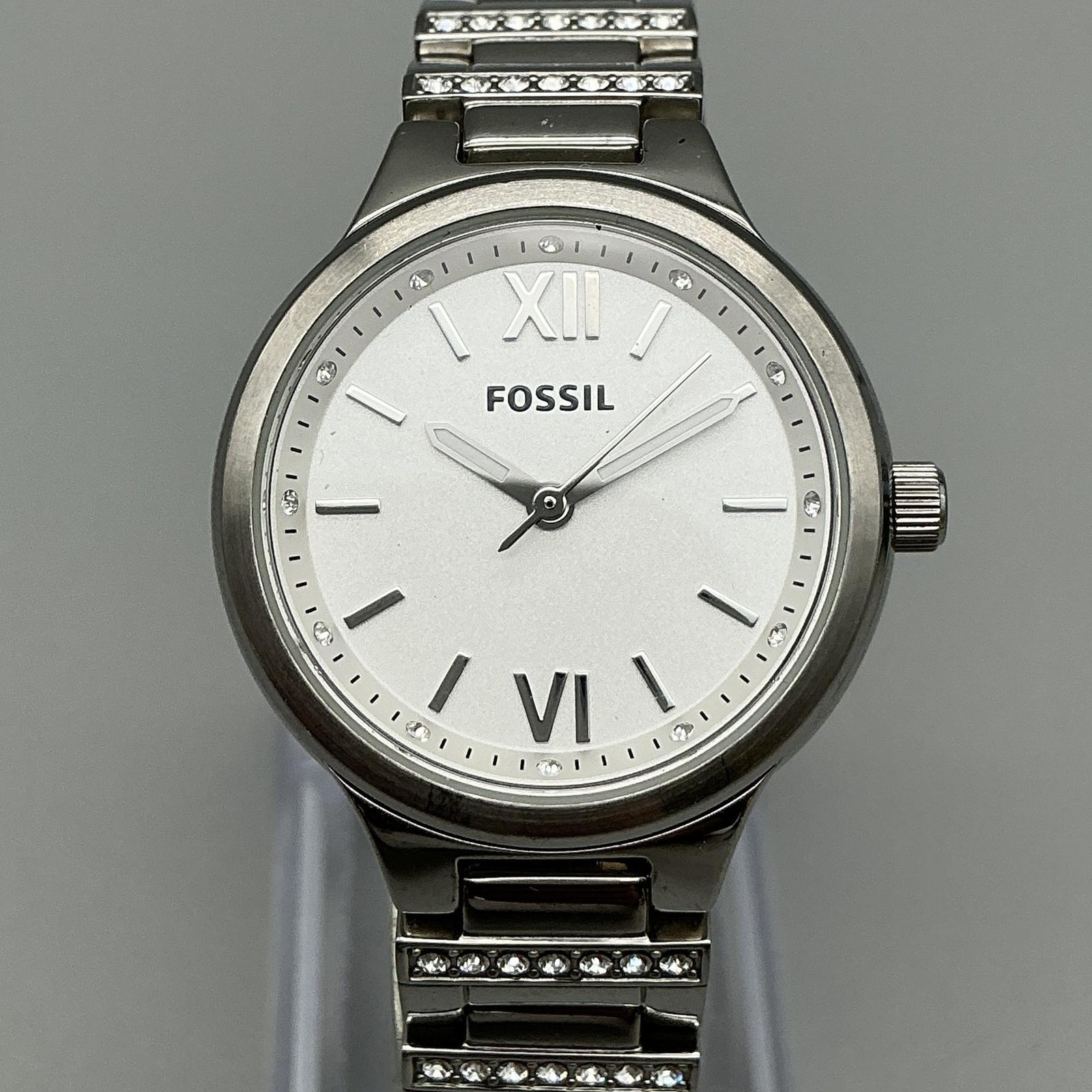 Fossil Spectacle Womens Watch 29mm Silver Tone Crystal Stainless New Battery 7″