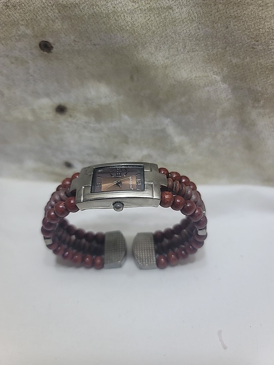 Women’s Massini Silver Tone Wooden Bead Watch BOHO Flex Cuff Bracelet Running