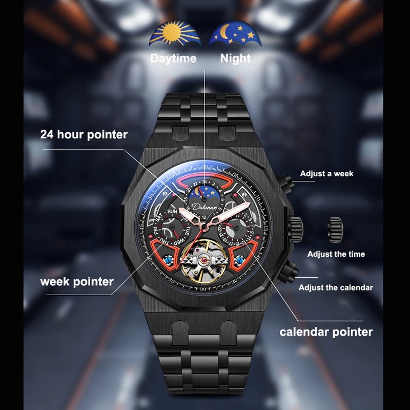 Men’s Tourbillon Mechanical Skeleton Watch Moon Phase Date Waterproof Automatic