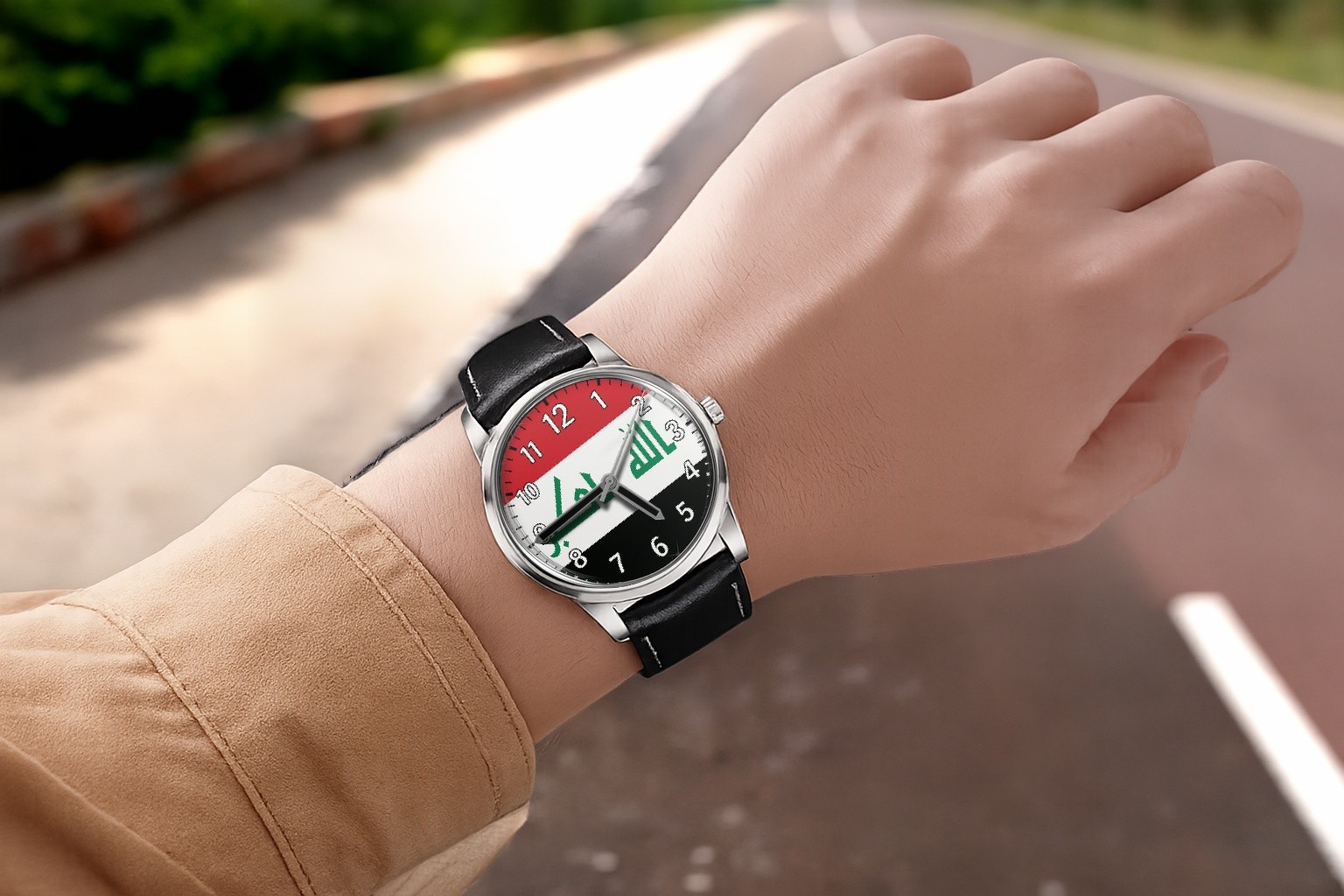 Flag Of Iraq Leather Strap Big Dial Wrist Watch