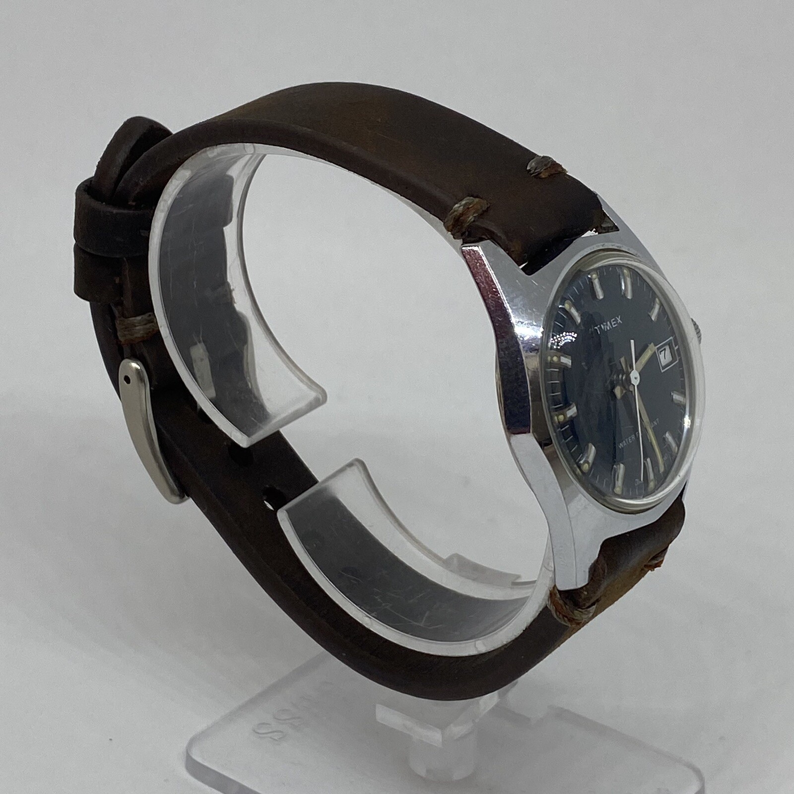 Timex Marlin Watch Mechanical England Blue Dial Rare Day Running W/ Leather Band