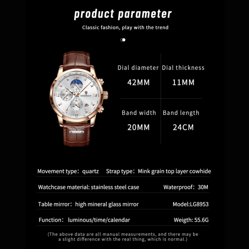 Men’s Watches Quartz Luminous Date Dial Waterproof Leather Business Wristwatch