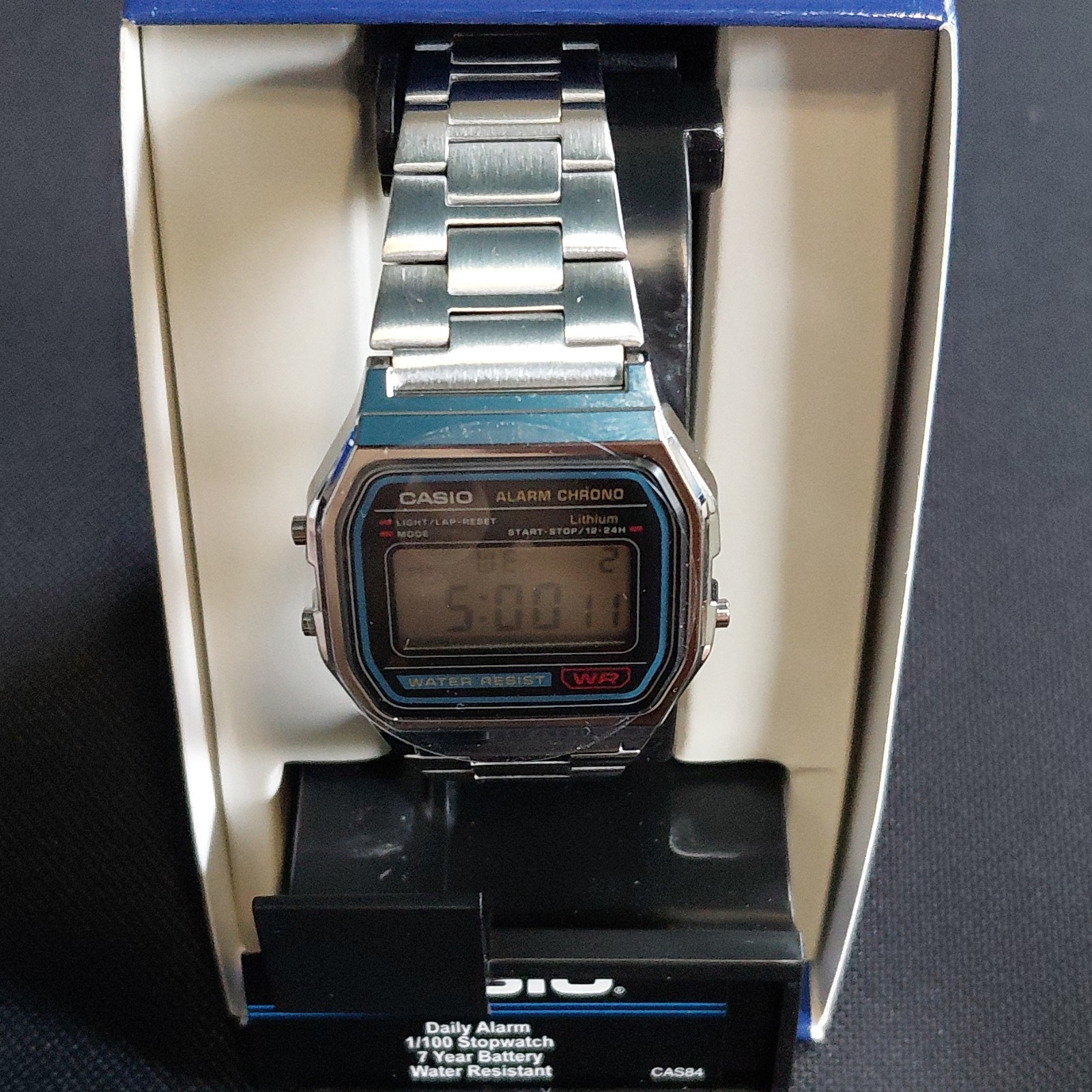 Casio A158W-1QES Digital Quartz Alarm Chrono Watch, SS Bracelet, Box Papers