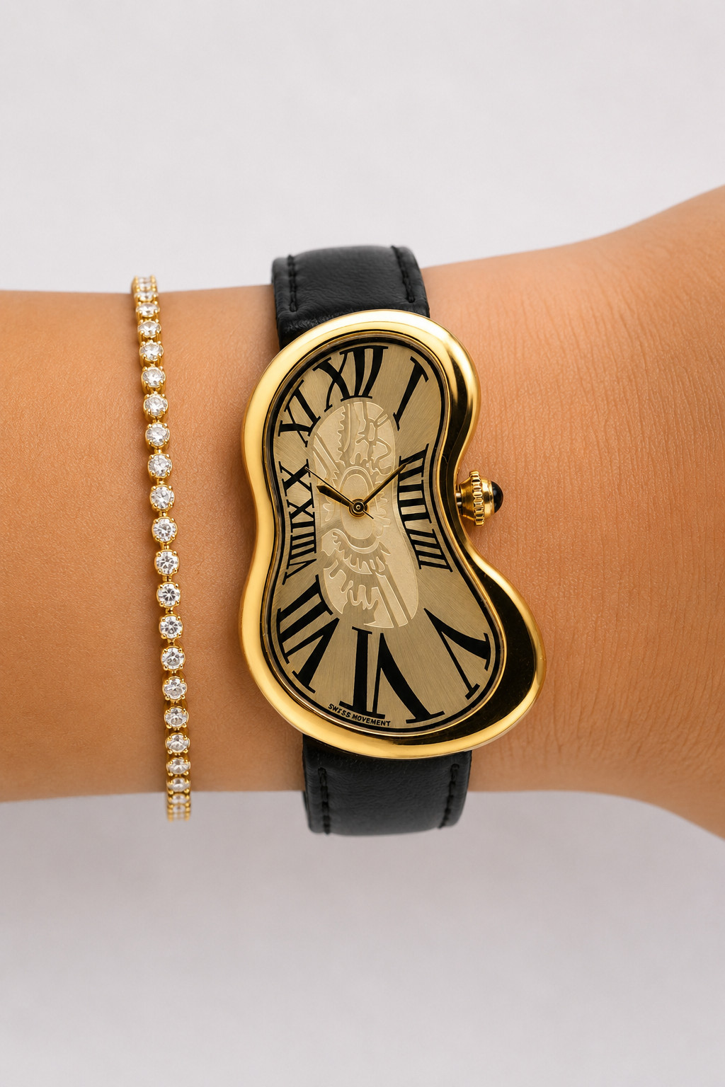 Women’s Ladies Men Dali Inspired Melting Watch Gold Wavy Black 8 Leather Watch