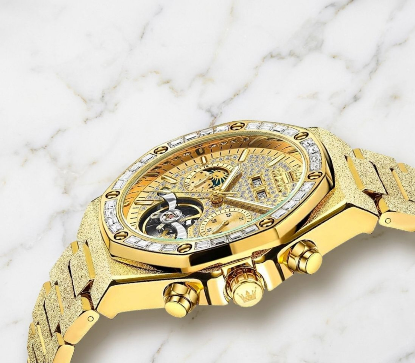 Men’s Luxury Jewel Business Watch Self Winding Wristwatch Gold Dial Bling Olevs