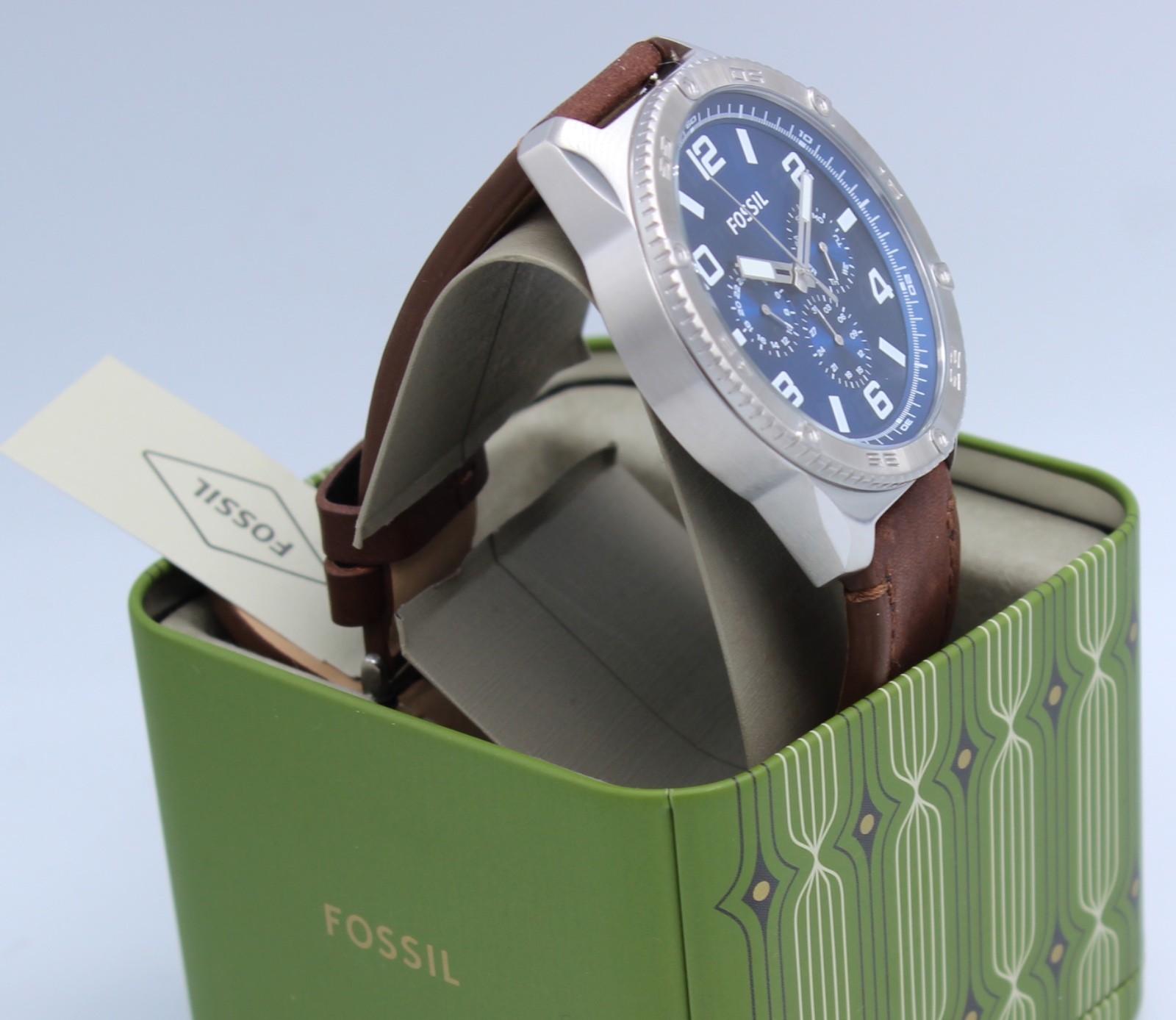 Fossil Brox Silver Blue Chronograph Brown Leather BQ2799 Men Watch