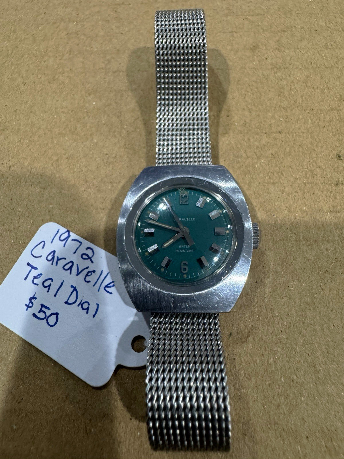 Caravelle 1972 N2 Teal Dial Cushion SS Case Manual Mechanical Silver Mesh Band