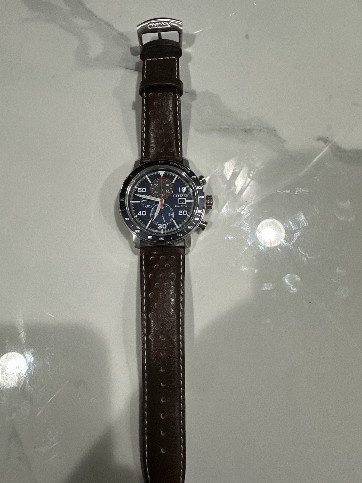 Citizen Eco-Drive Men’s Chronograph Tachymeter 43mm Blue Dial Brown Leather