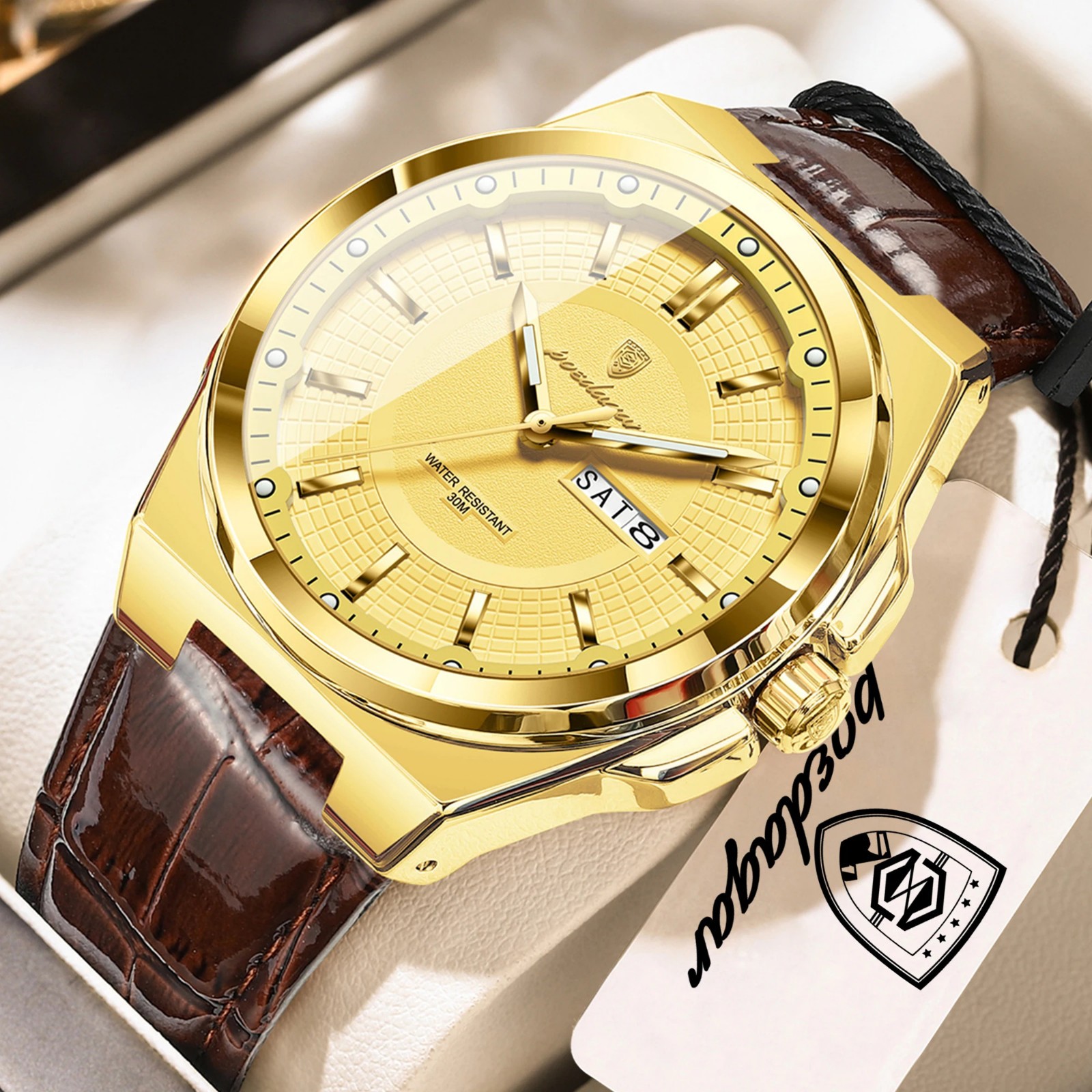 POEDAGAR Men’s Watch Waterproof Luminous Date Week Quartz Leather Business Watch