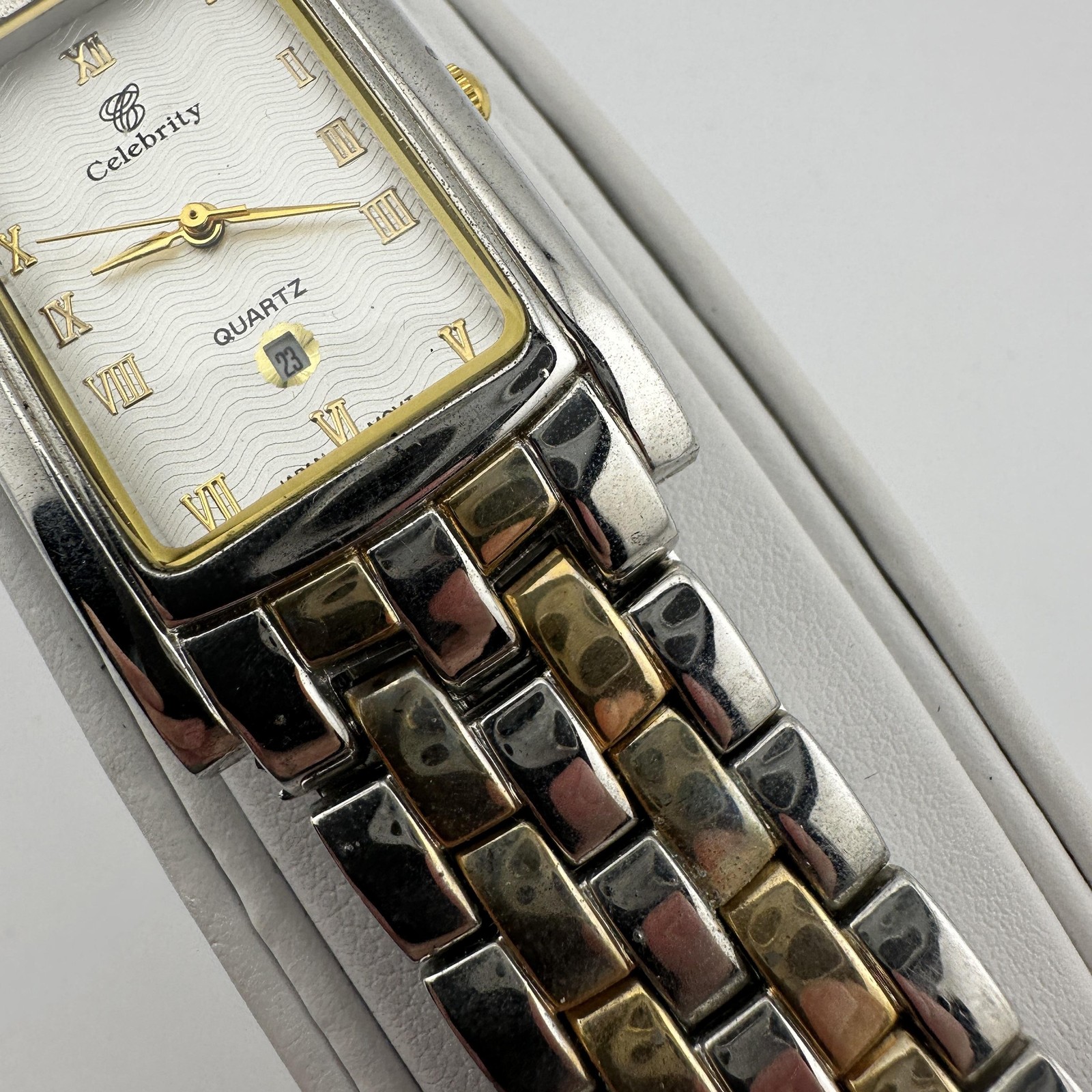 Celebrity Quartz Watch Rectangular Tank Two-Tone Roman Numeral Date Japan Movt